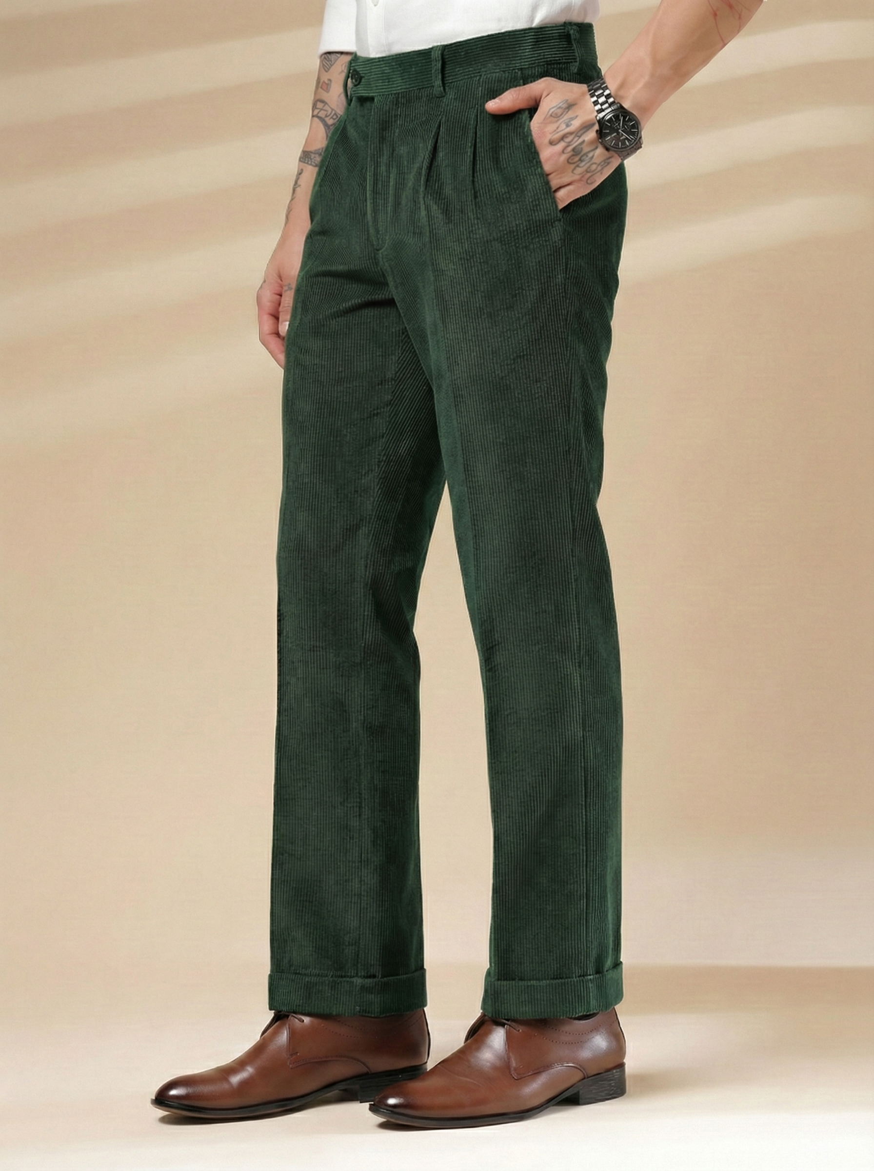 Bottle Green Corduroy Signature Flap Gurkha Pants | Boot Cut Fit by ITALIAN VEGA®