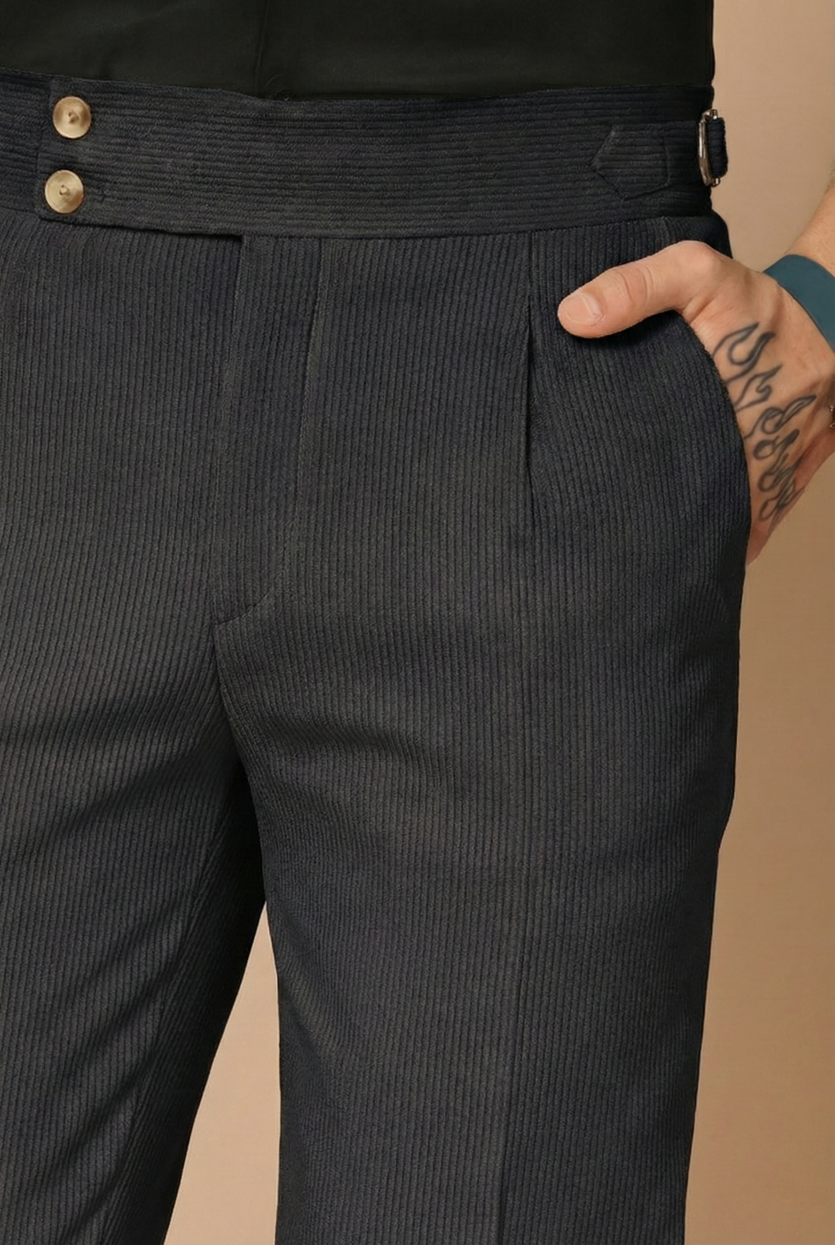 Black Corduroy Signature Buttoned Gurkha Pants | Boot Cut Fit by ITALIAN VEGA®