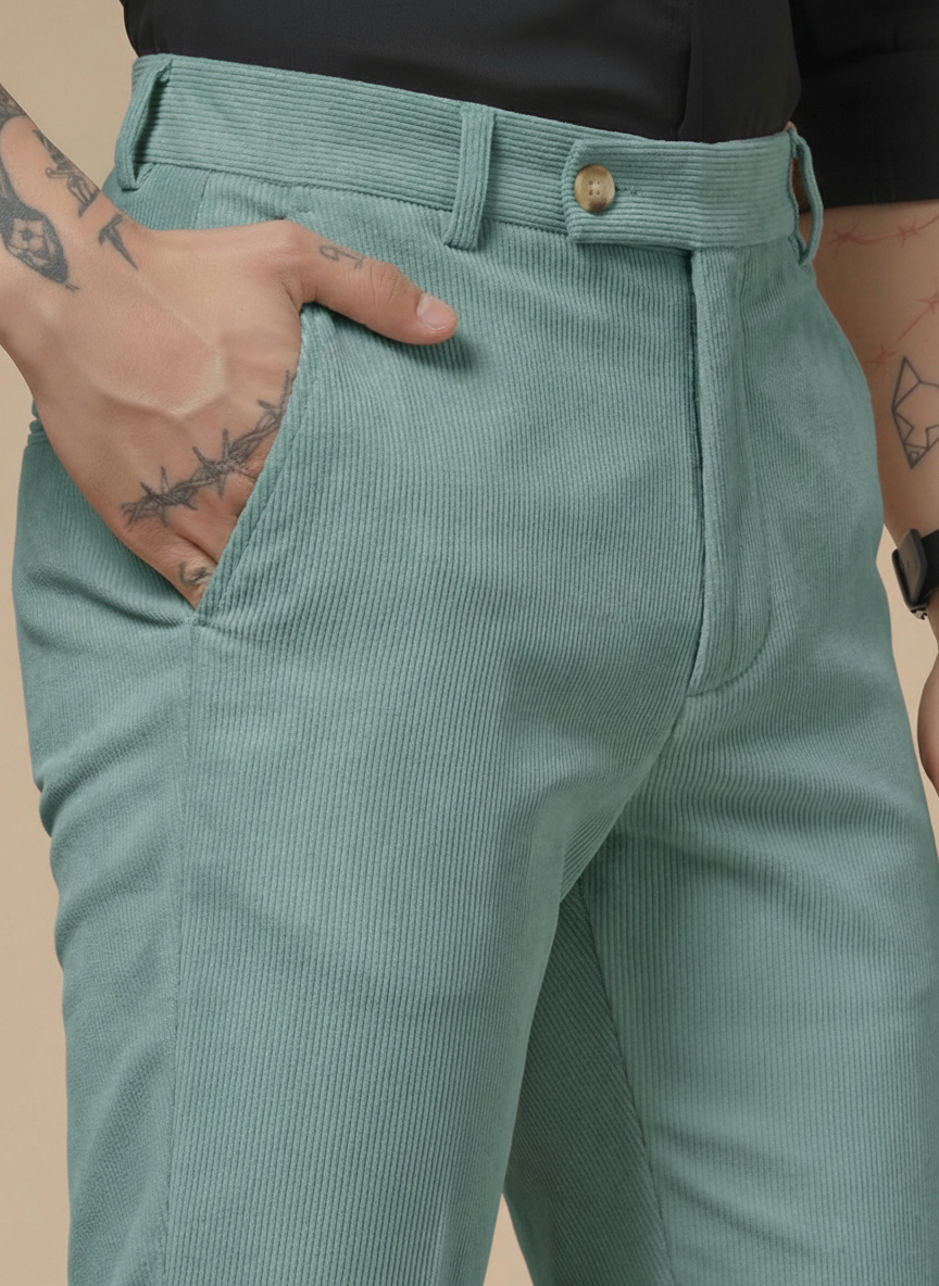 Sage Green Corduroy Men Pleated Formal Pants | Boot Cut Fit by ITALIAN VEGA®