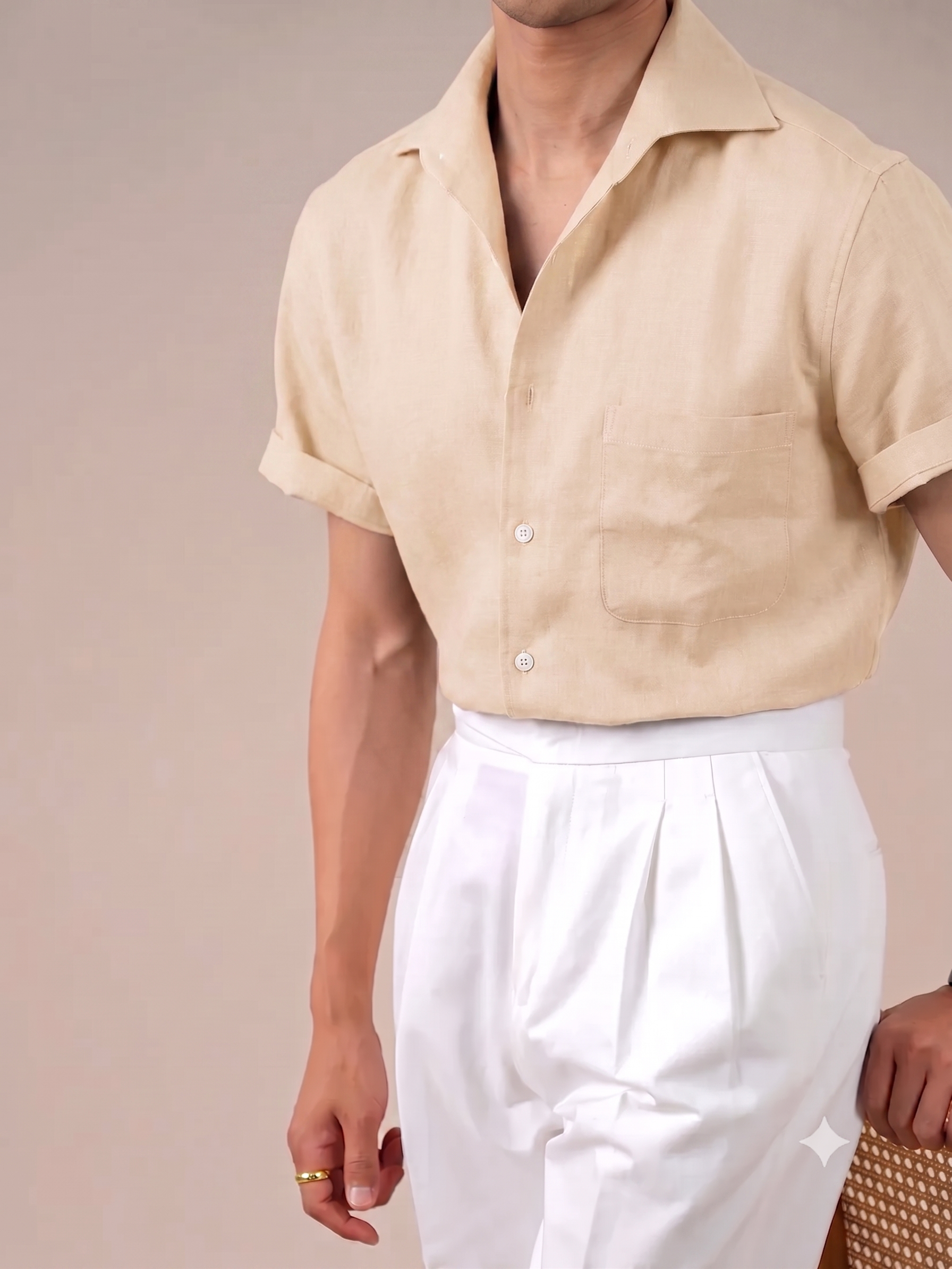 Italian Vega Crumpled Linen - Cut Away Collar Half Sleeve Linen Shirt - 007