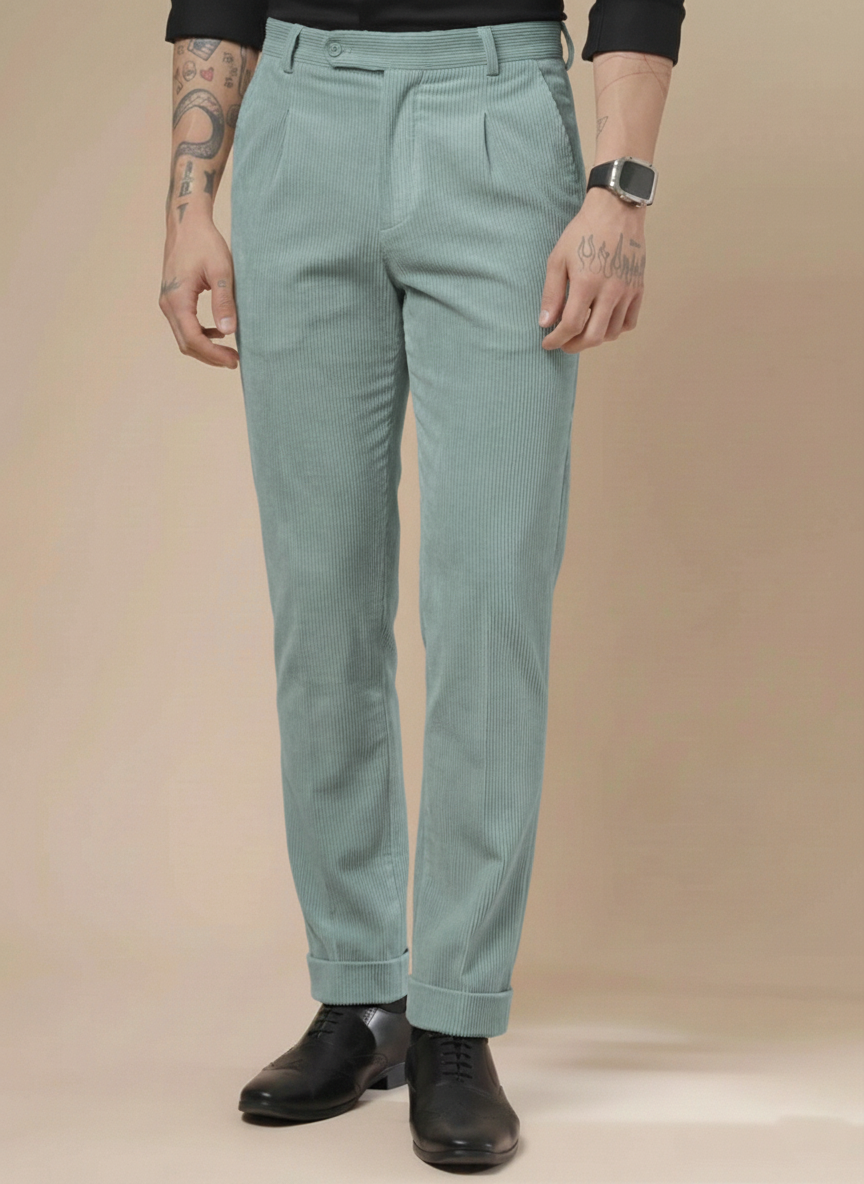 Sage Green Corduroy Men Pleated Formal Pants | Boot Cut Fit by ITALIAN VEGA®