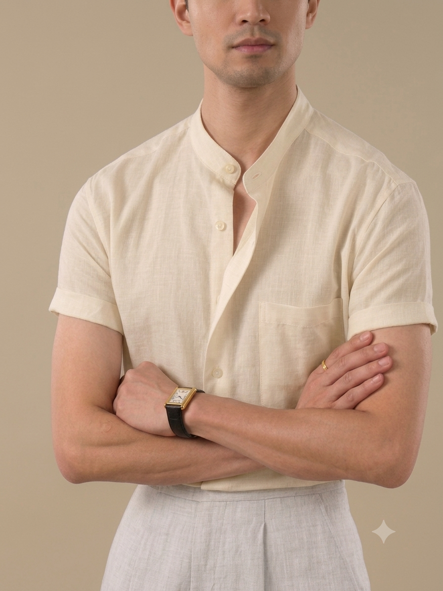 Italian Vega - Mandarin Collar Half Sleeves Linen Shirt - 002