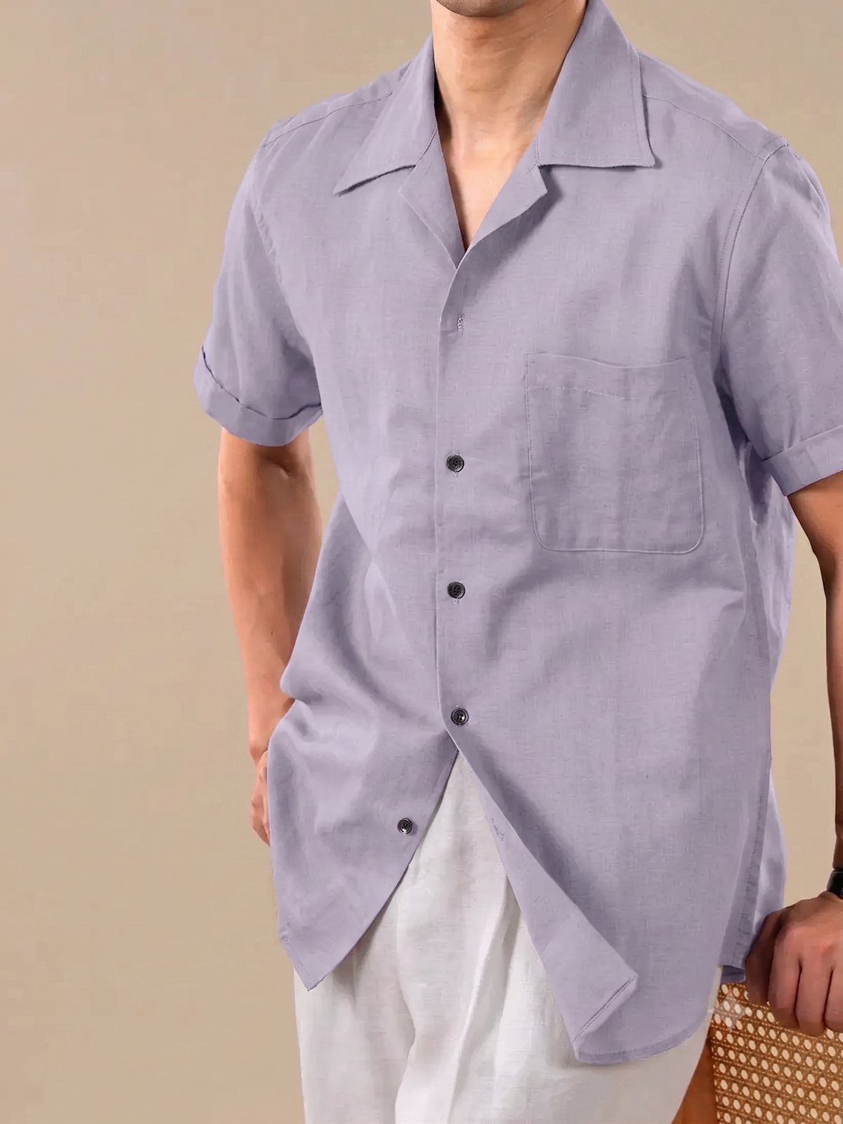 Italian Vega Crumpled Linen- Cuban Collar Single Pocket Crumpled Linen Shirt - 009