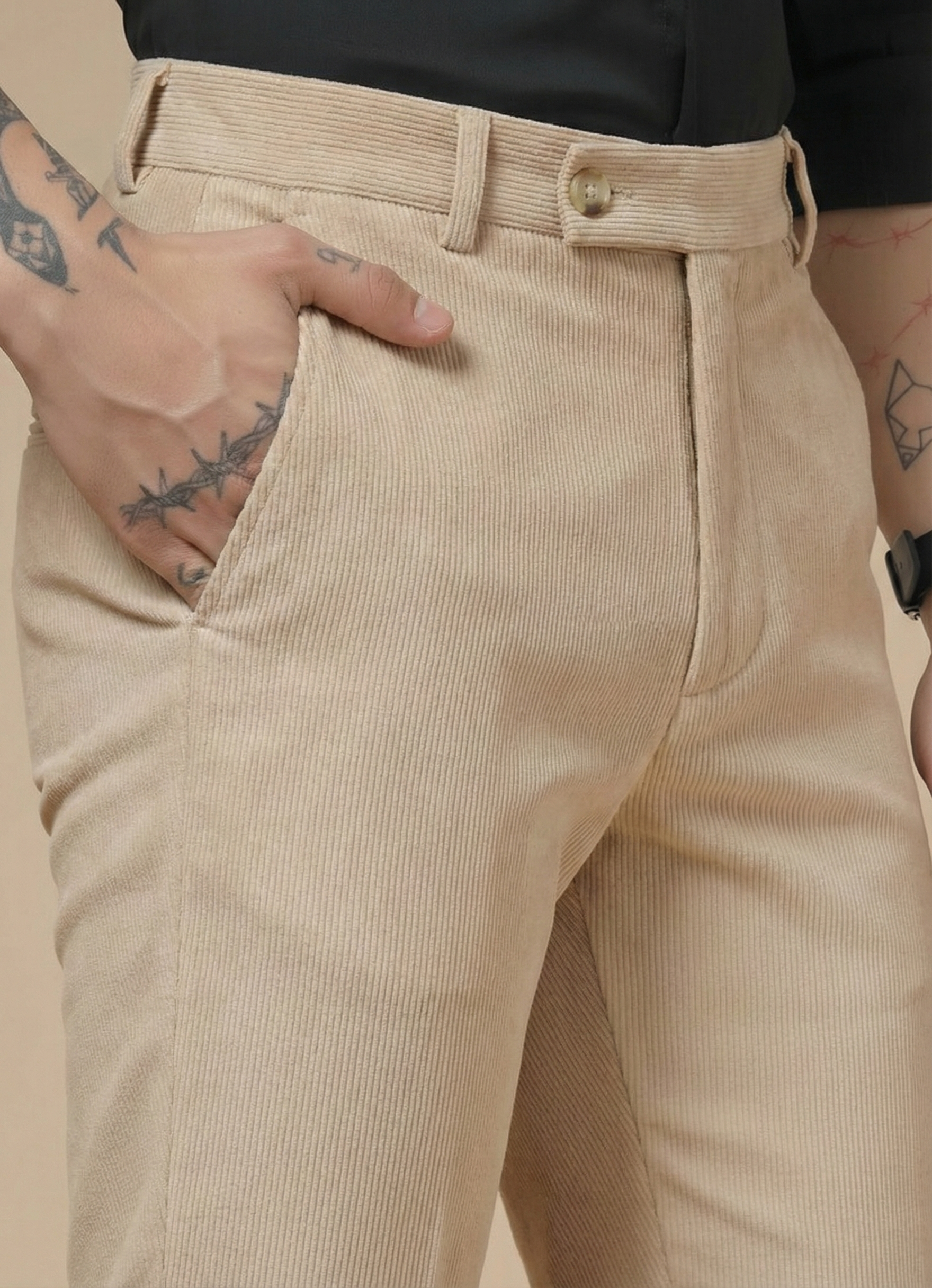 Beige Corduroy Men Pleated Formal Pants | Boot Cut Fit by ITALIAN VEGA®