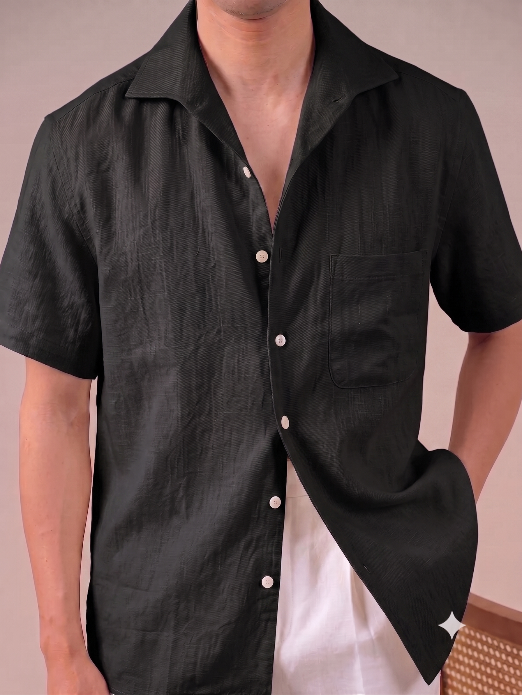 Italian Vega Crumpled Linen - Cut Away Collar Half Sleeve Linen Shirt - 007