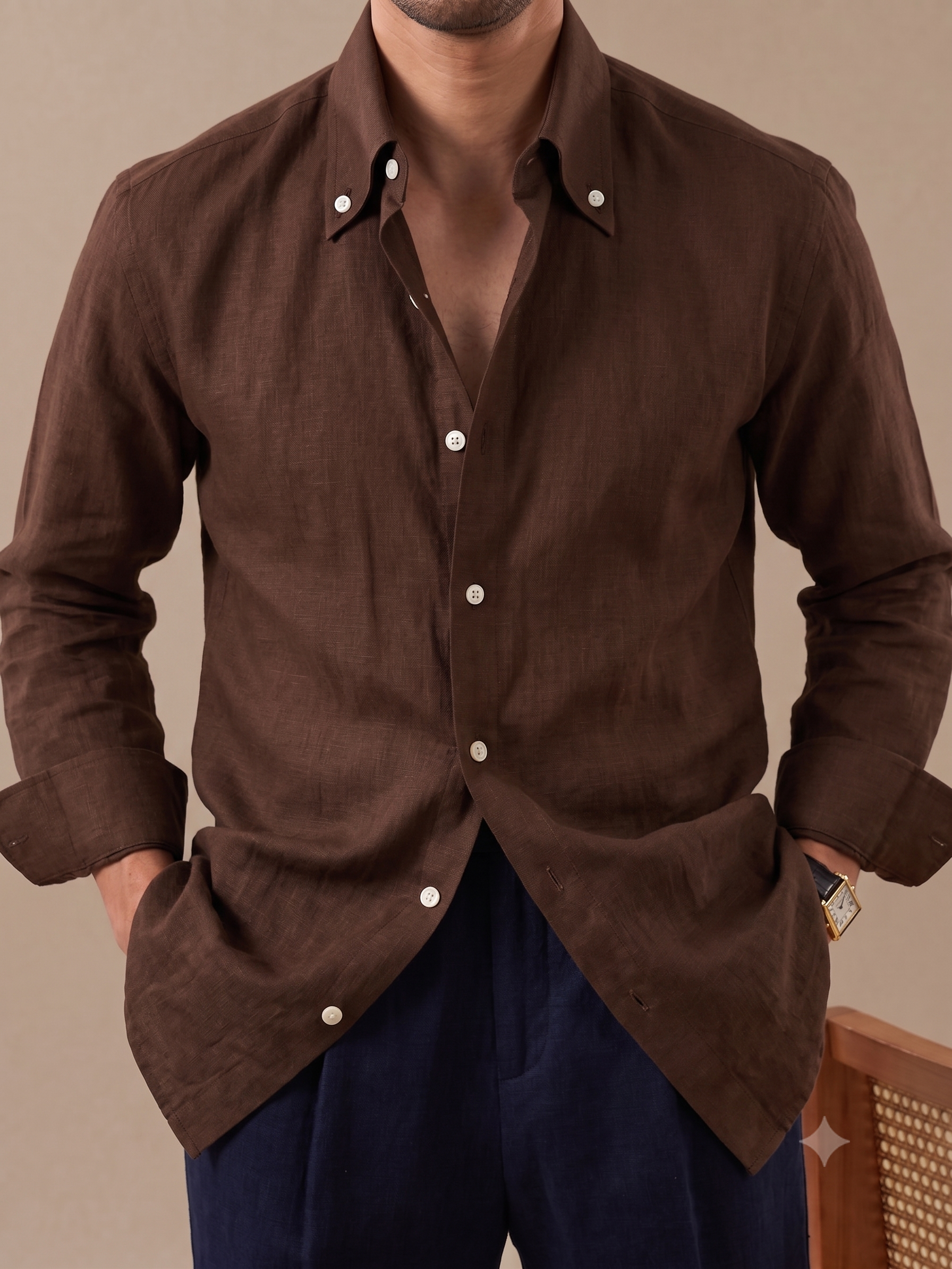 Crumpled Linen Linen Button Down Shirt by Italian Vega - 006