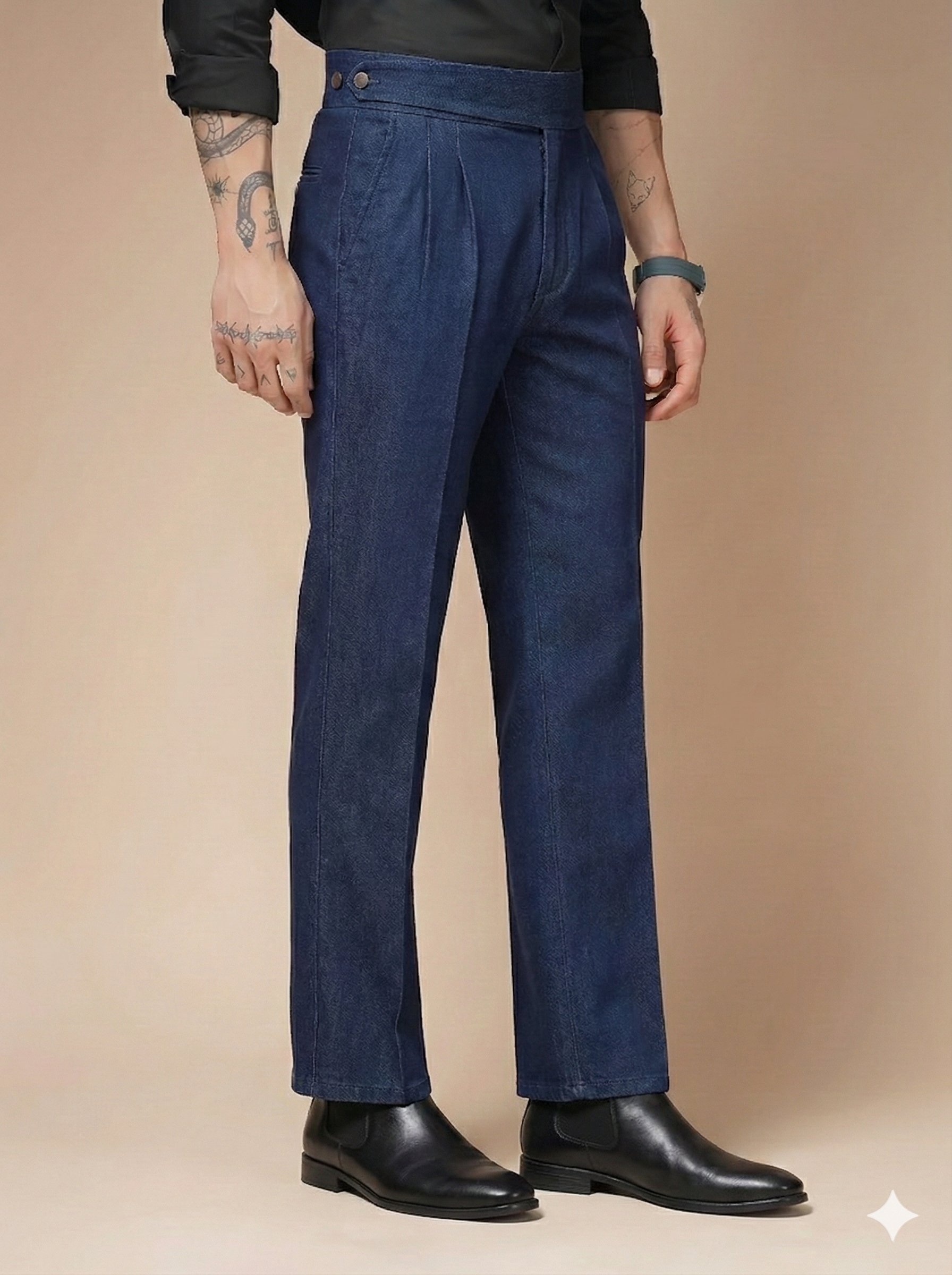 Blue Denim Classic Button Gurkha Trouser Pants | Boot Cut Fit by Italian Vega®