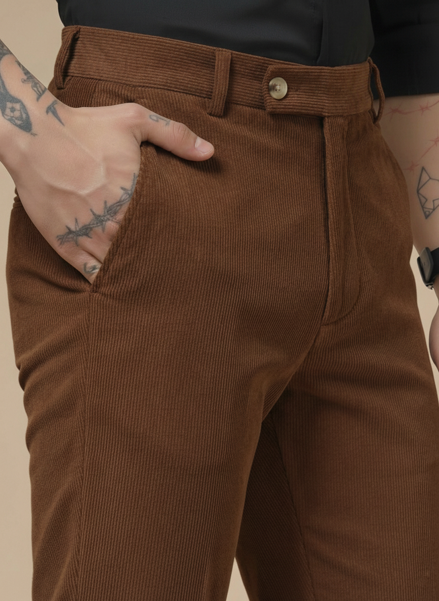 Brown Corduroy Men Pleated Formal Pants | Boot Cut Fit by ITALIAN VEGA®