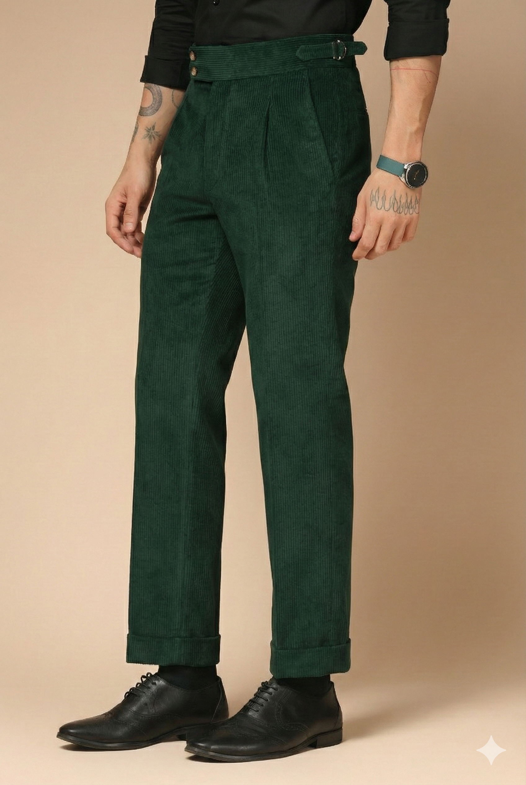 Bottle Green Corduroy Signature Buttoned Gurkha Pants | Boot Cut Fit by ITALIAN VEGA®