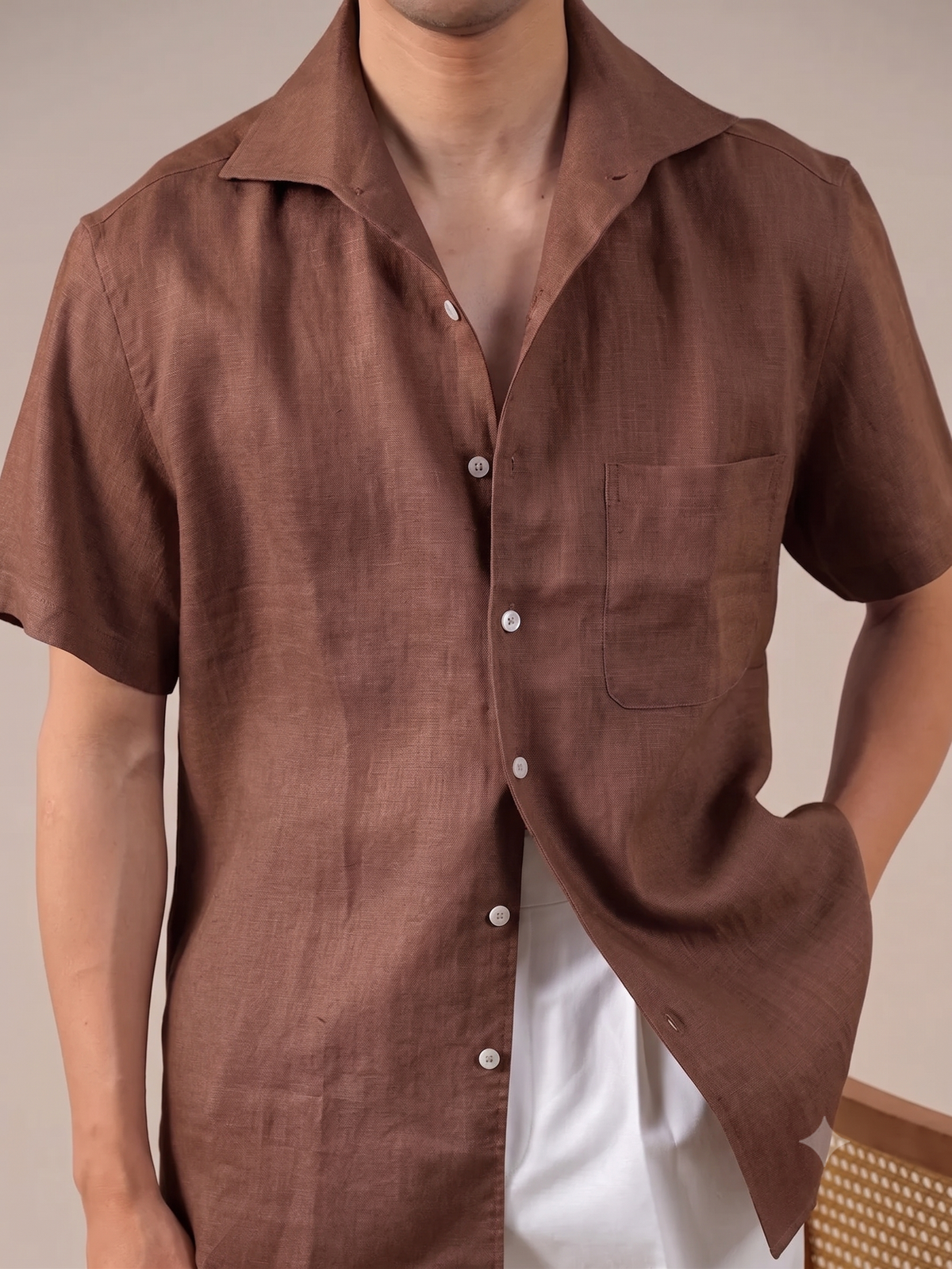 Italian Vega Crumpled Linen - Cut Away Collar Half Sleeve Linen Shirt - 007