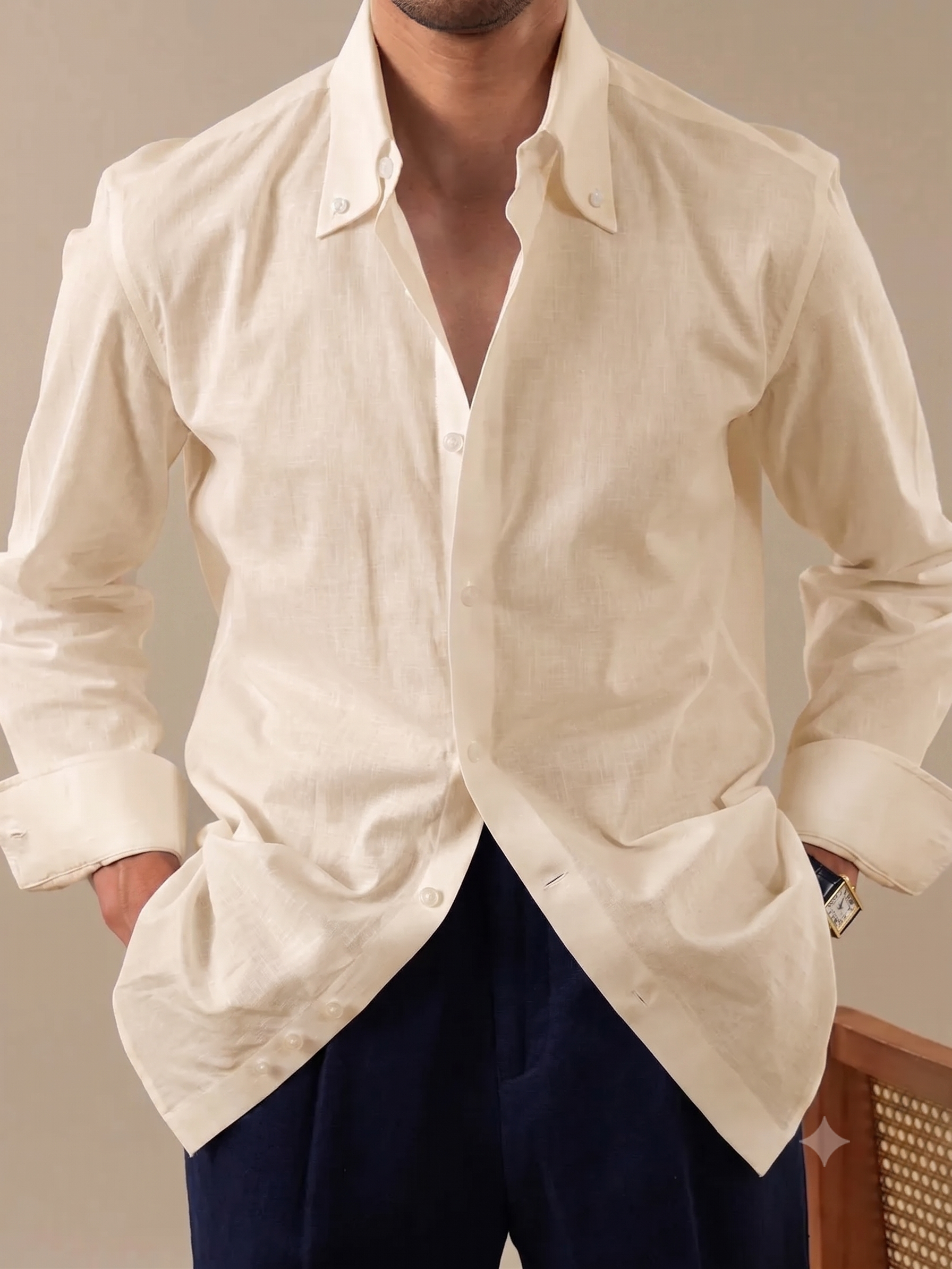 Crumpled Linen Linen Button Down Shirt by Italian Vega - 006