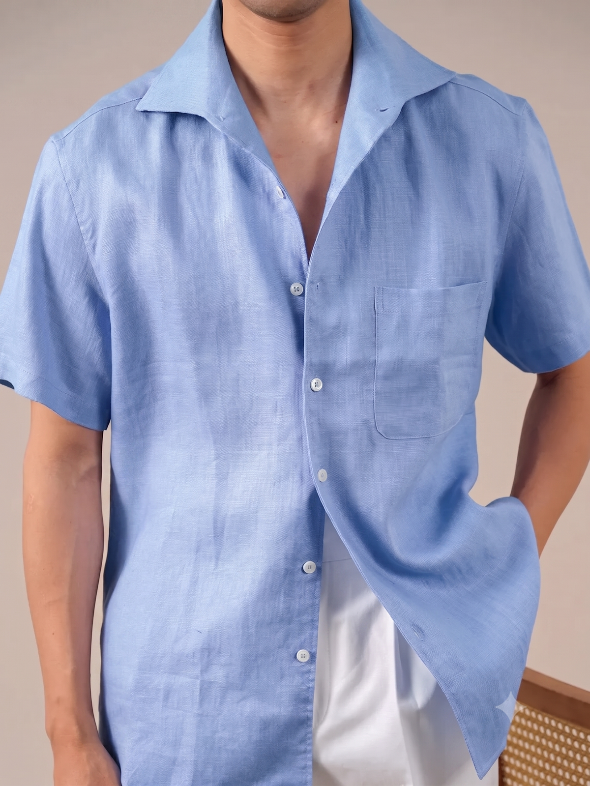 Italian Vega Crumpled Linen - Cut Away Collar Half Sleeve Linen Shirt - 007