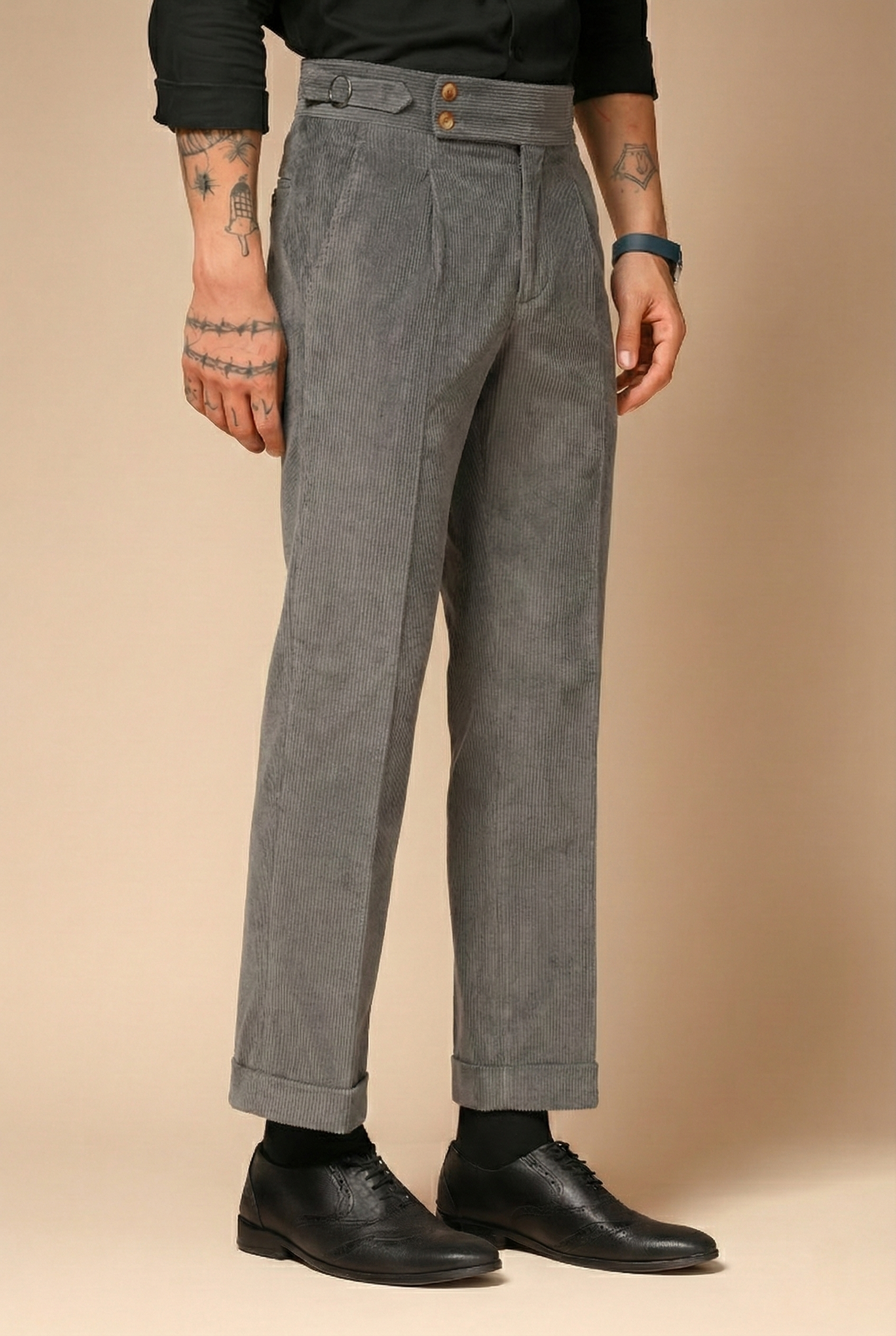 Dark Grey Corduroy Signature Buttoned Gurkha Pants | Boot Cut Fit by ITALIAN VEGA®