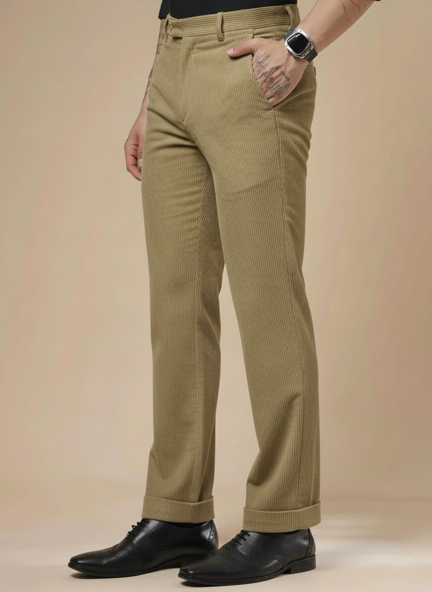 Khakhi Corduroy Men Pleated Formal Pants | Boot Cut Fit by ITALIAN VEGA®