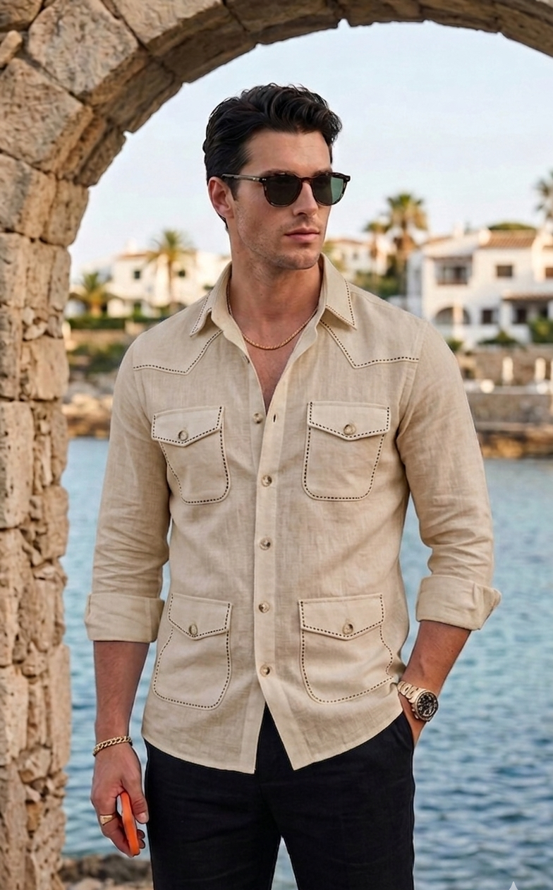 Beige Safari Shirt – Pick Stitched with Multi Pockets by Italian Vega®