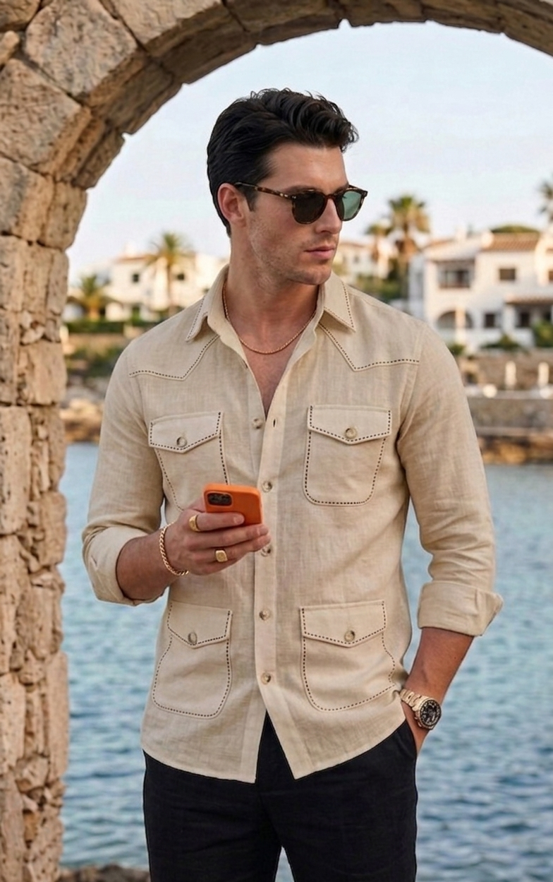 Beige Safari Shirt – Pick Stitched with Multi Pockets by Italian Vega®