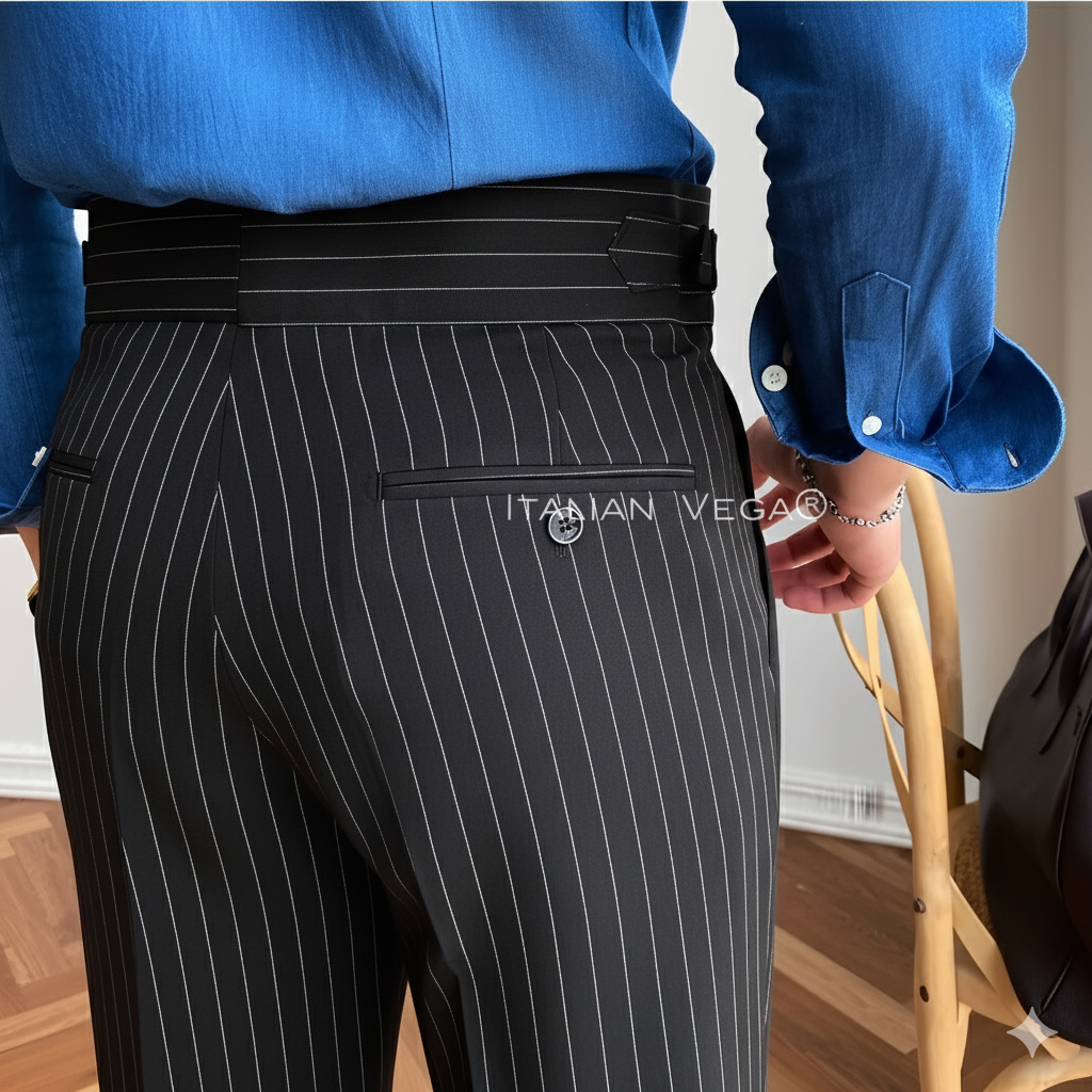 Deep Black Striped Signature Buttoned Gurkha Pants by Italian Vega® (Special Edition)