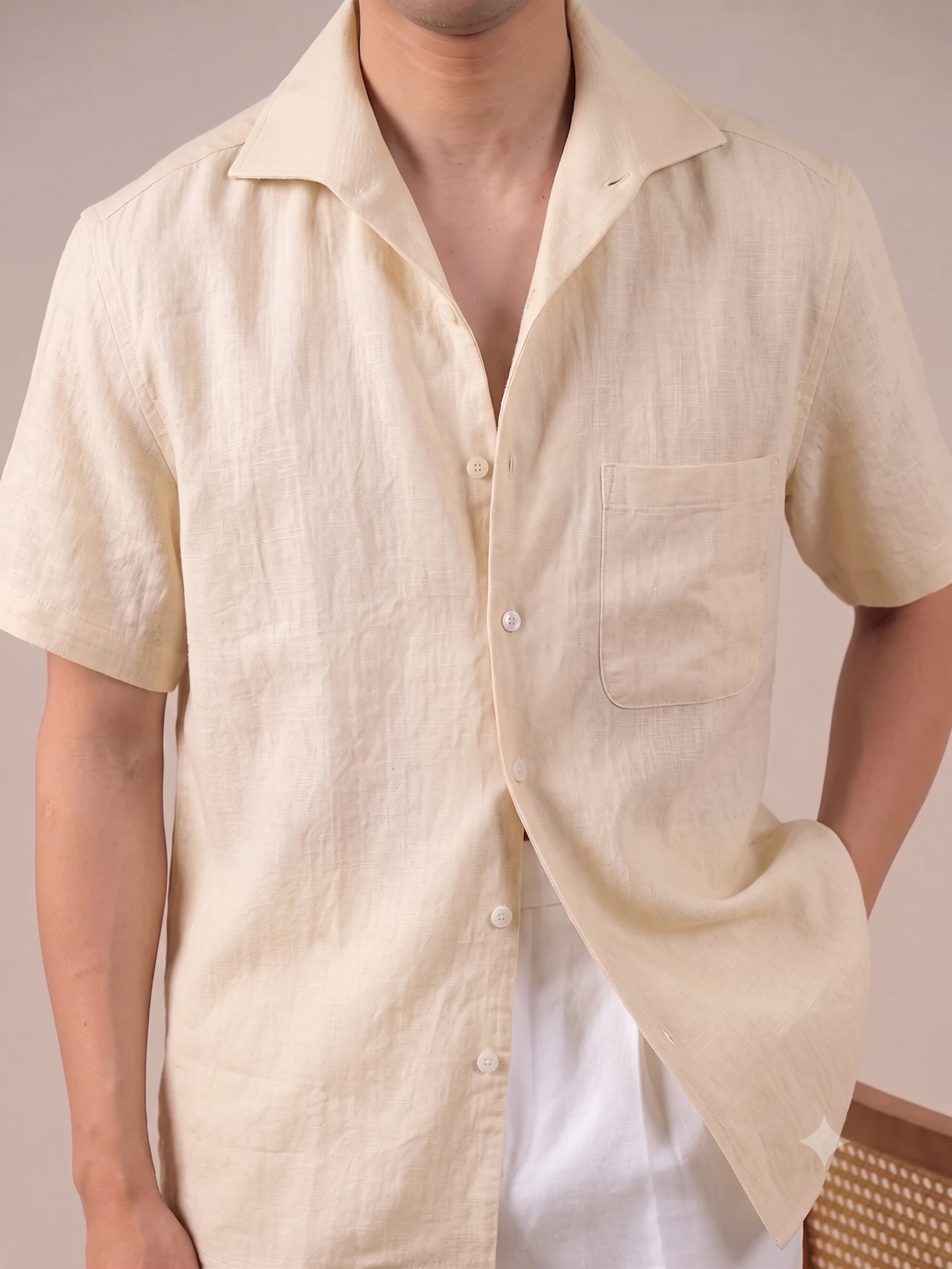 Italian Vega Crumpled Linen - Cut Away Collar Half Sleeve Linen Shirt - 007