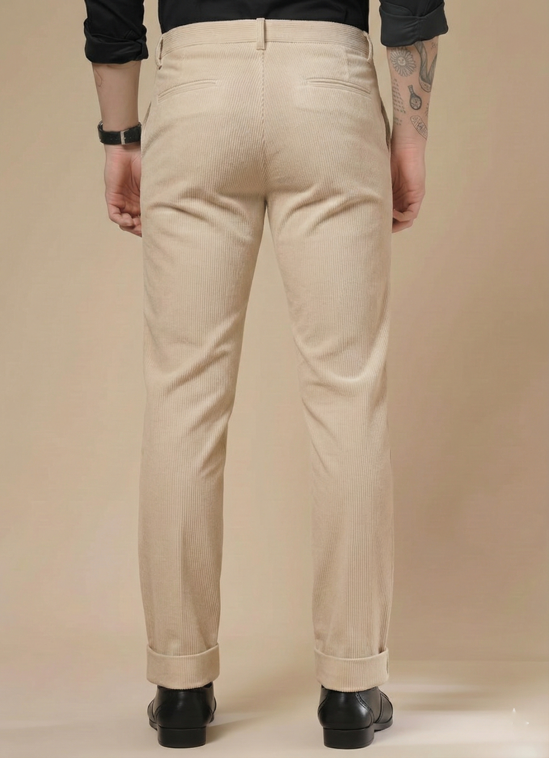 Beige Corduroy Men Pleated Formal Pants | Boot Cut Fit by ITALIAN VEGA®