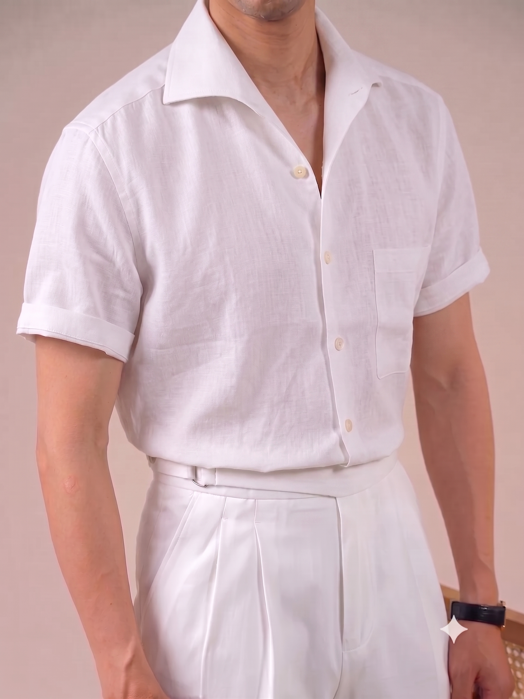 Italian Vega Crumpled Linen - Cut Away Collar Half Sleeve Linen Shirt - 007