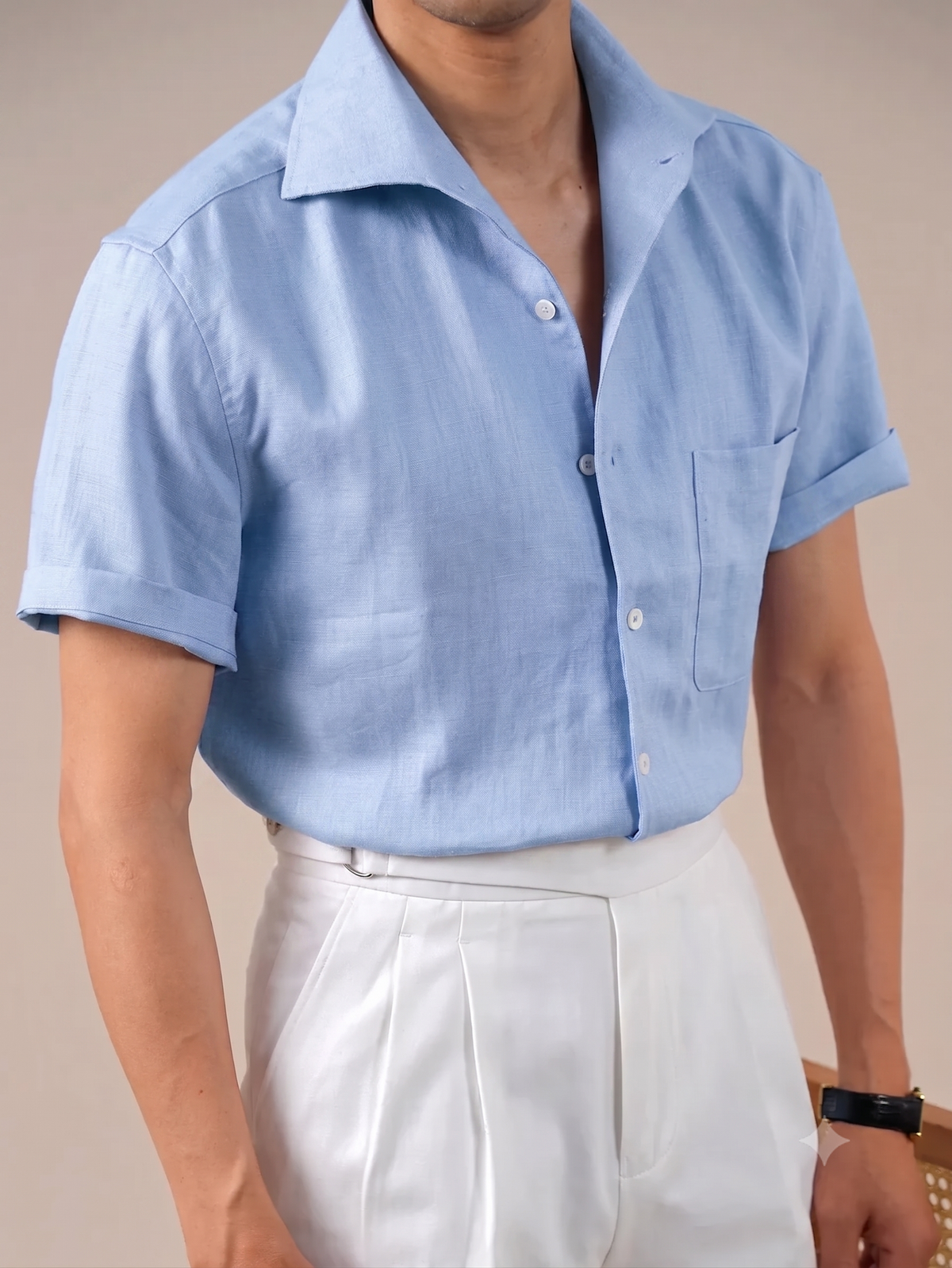 Italian Vega Crumpled Linen - Cut Away Collar Half Sleeve Linen Shirt - 007