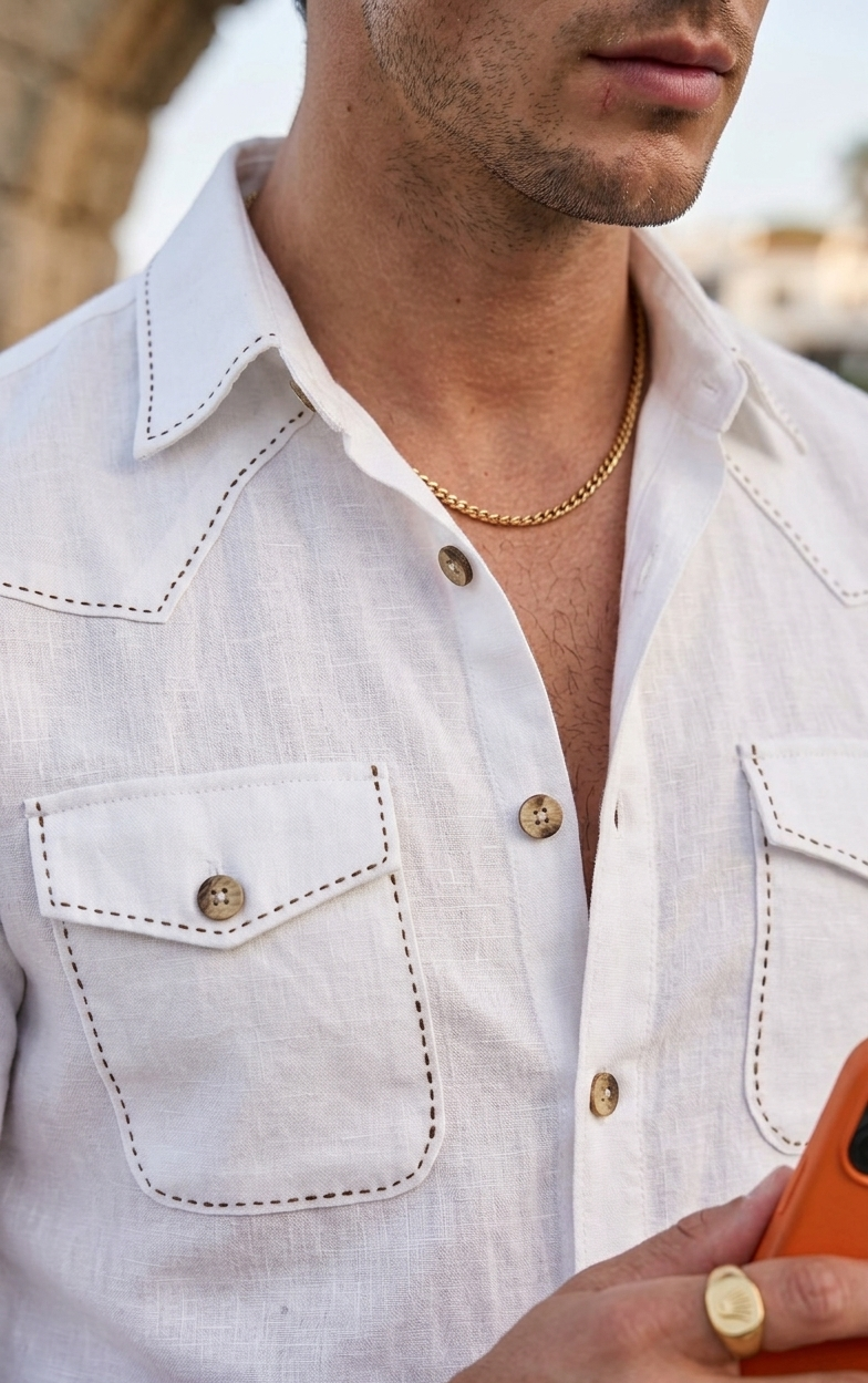 White Safari Shirt – Pick Stitched with Multi Pockets by Italian Vega®