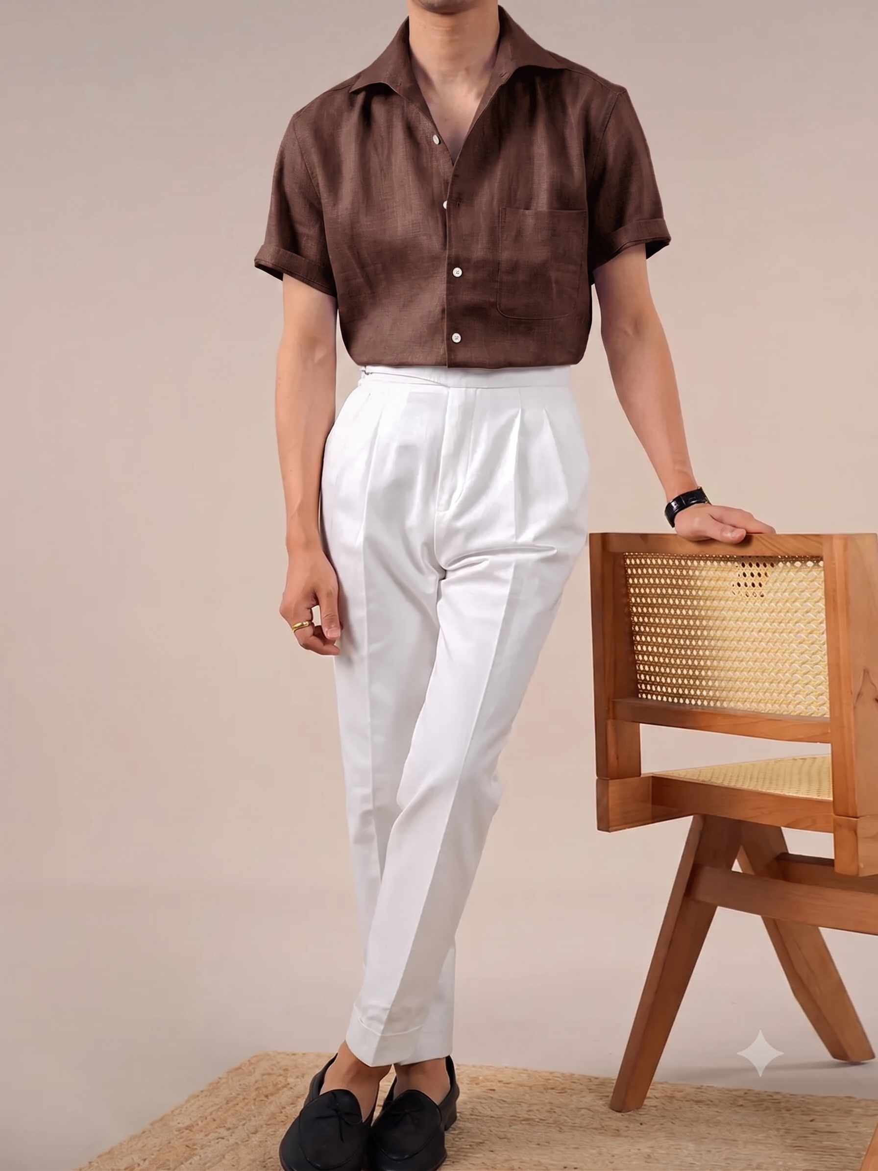 Italian Vega Crumpled Linen - Cut Away Collar Half Sleeve Linen Shirt - 007