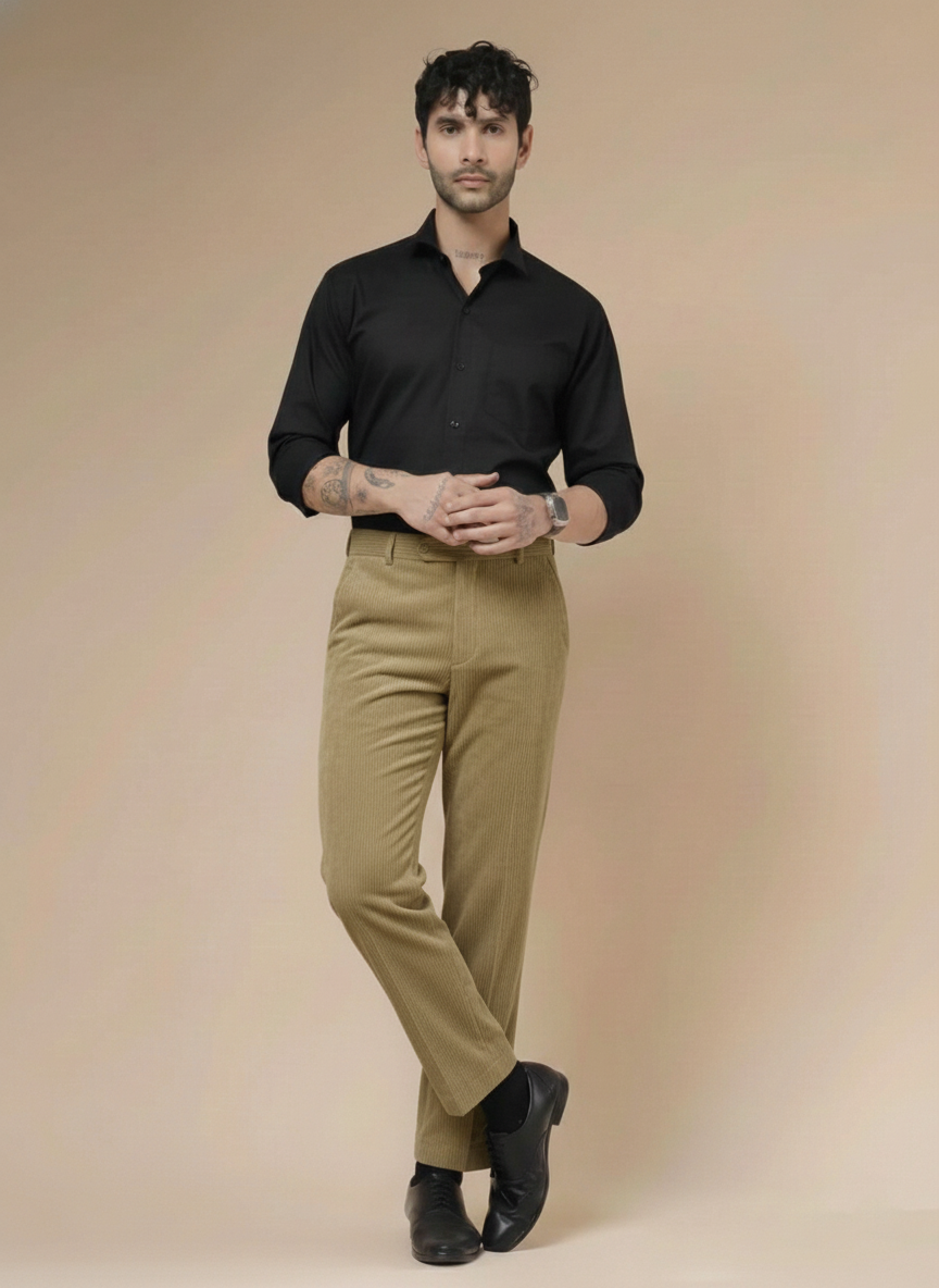 Khakhi Corduroy Men Pleated Formal Pants | Boot Cut Fit by ITALIAN VEGA®