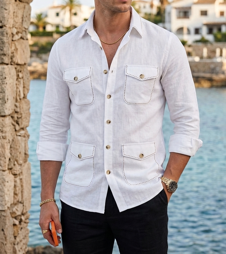 White Safari Shirt – Pick Stitched with Multi Pockets by Italian Vega®