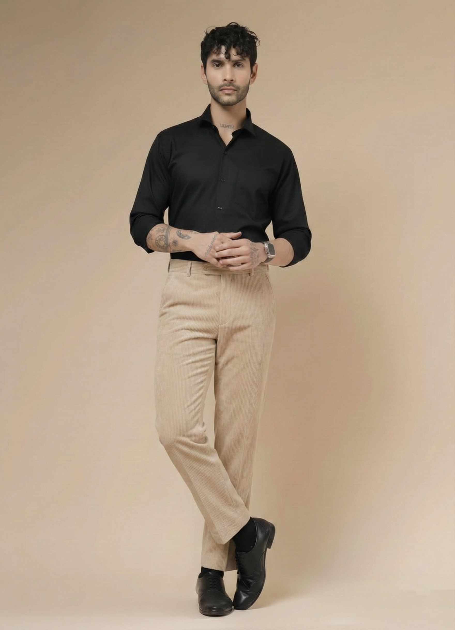 Beige Corduroy Men Pleated Formal Pants | Boot Cut Fit by ITALIAN VEGA®
