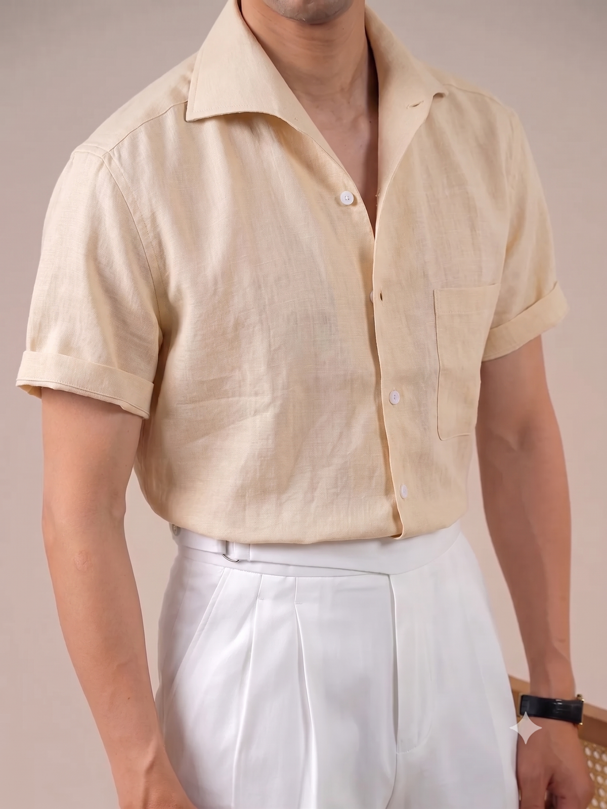 Italian Vega Crumpled Linen - Cut Away Collar Half Sleeve Linen Shirt - 007