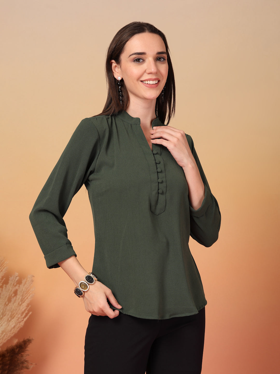 Olive Green Mandarin Collar Buttoned Shirt for Women | By ItalianVega