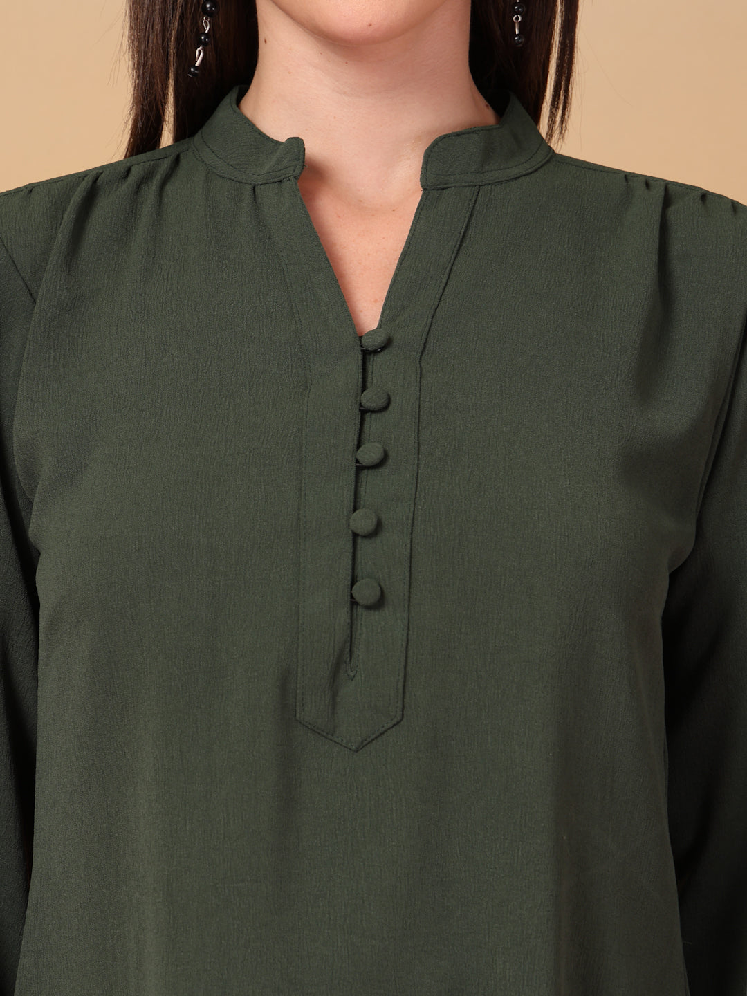 Olive Green Mandarin Collar Buttoned Shirt for Women | By ItalianVega