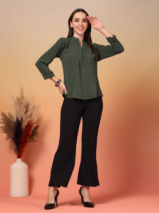 Olive Green Mandarin Collar Buttoned Shirt for Women | By ItalianVega