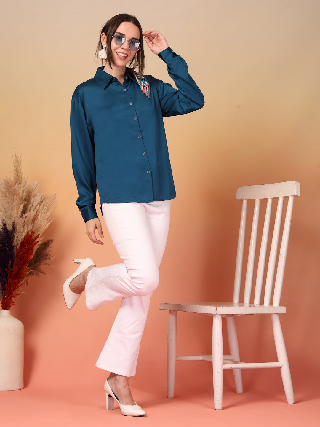 Midnight Blue Satin Shirt for Women | By ItalianVega