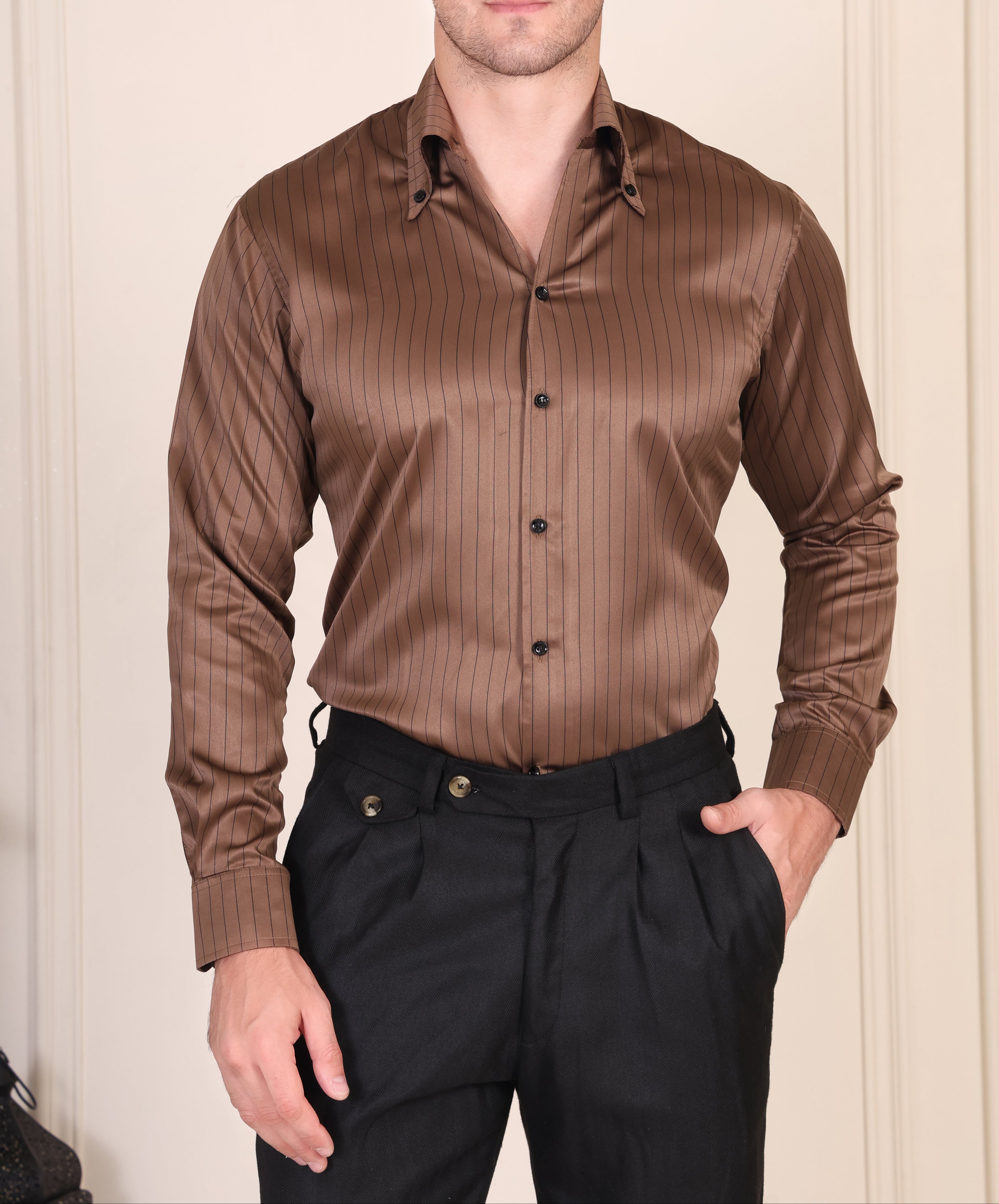 Brown pinstripe satin shirt with one piece collar for men by Italian Vega®, styled with black trousers.