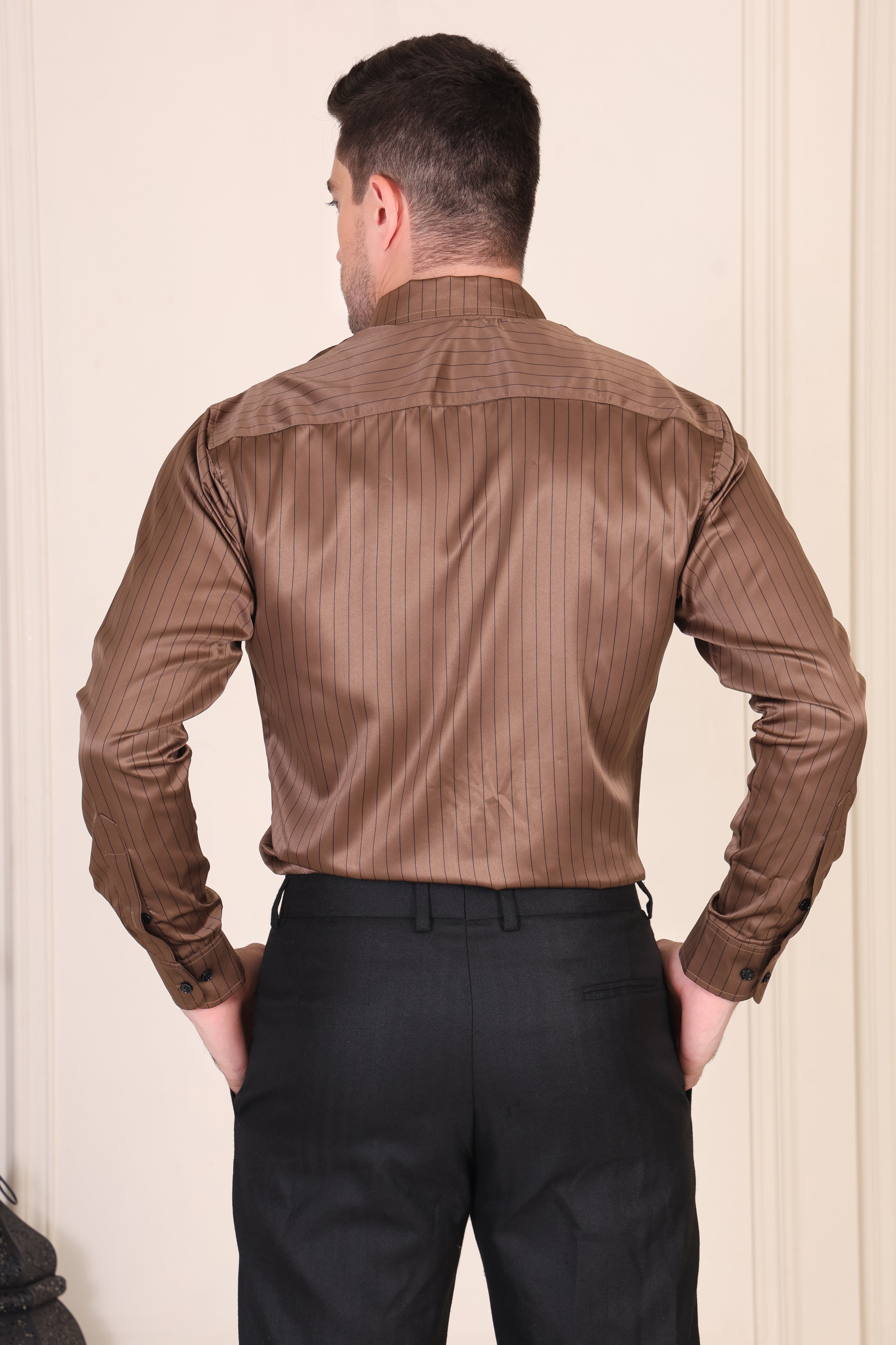 Brown Satin Stripe One Piece Collar Shirt  by Italian Vega®