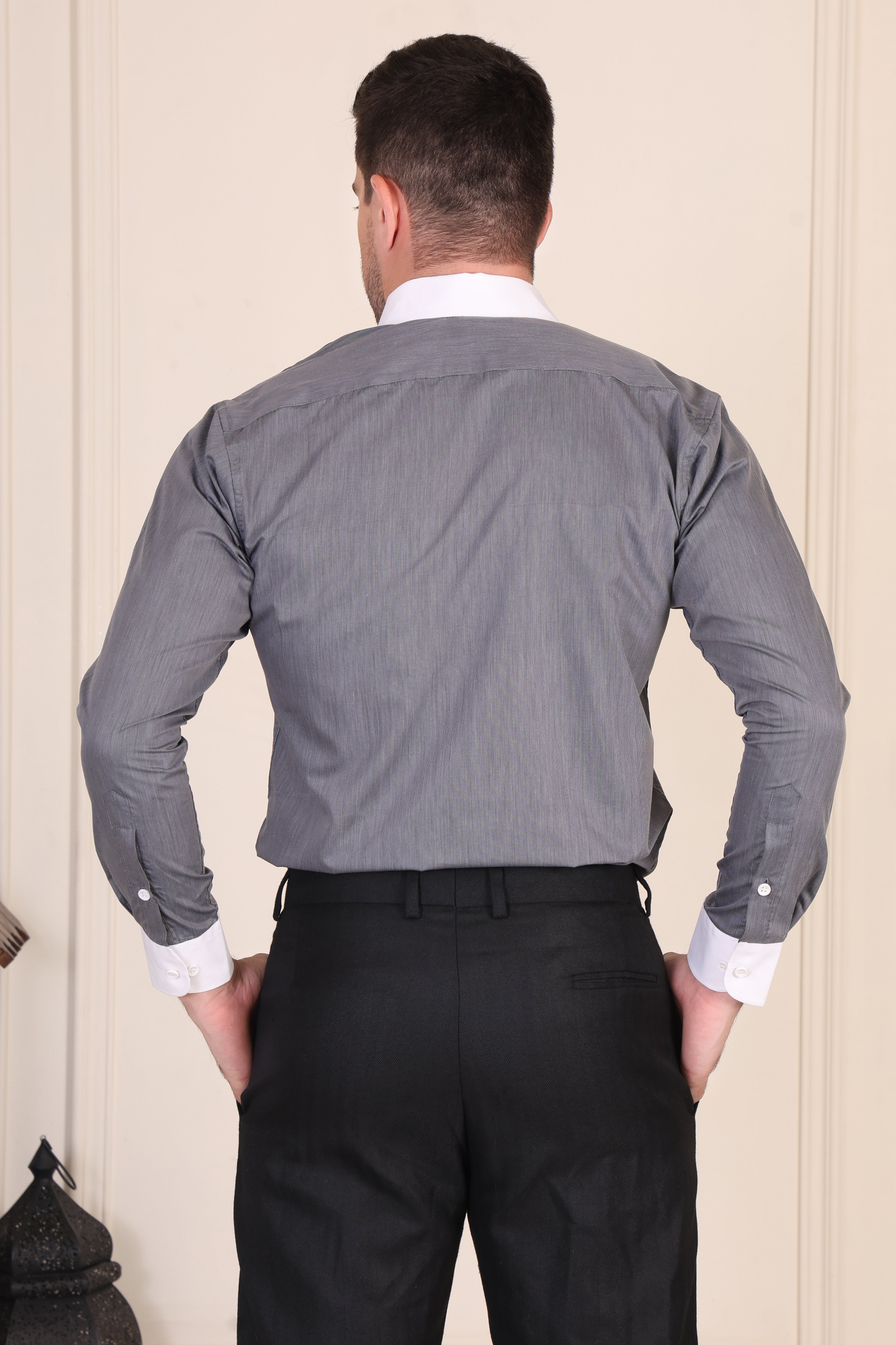 Charcoal Grey Contrast Pinstripe One Piece Collar Shirt by Italian Vega®