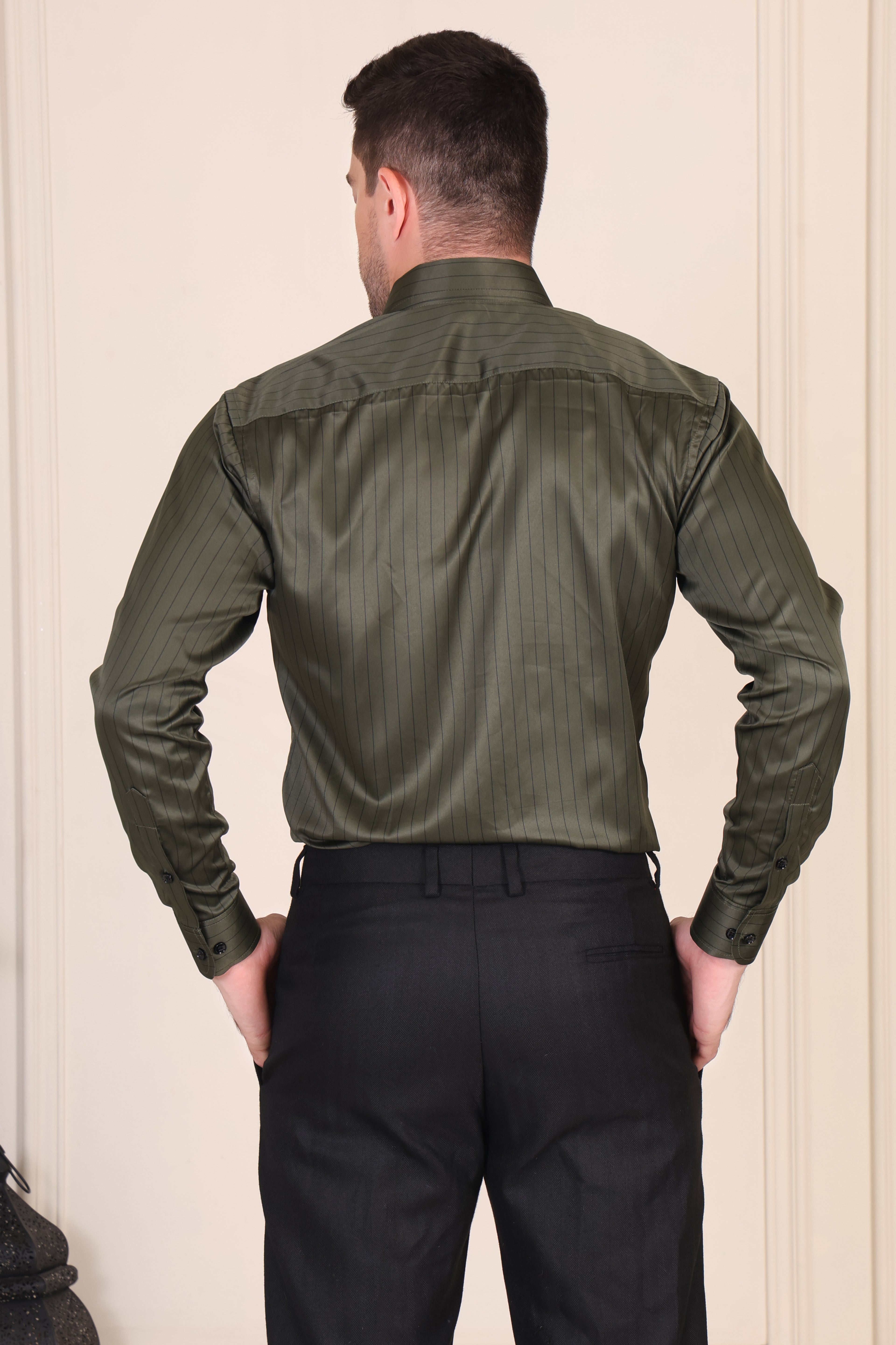 Olive Satin Stripe One Piece Collar Shirt by Italian Vega®