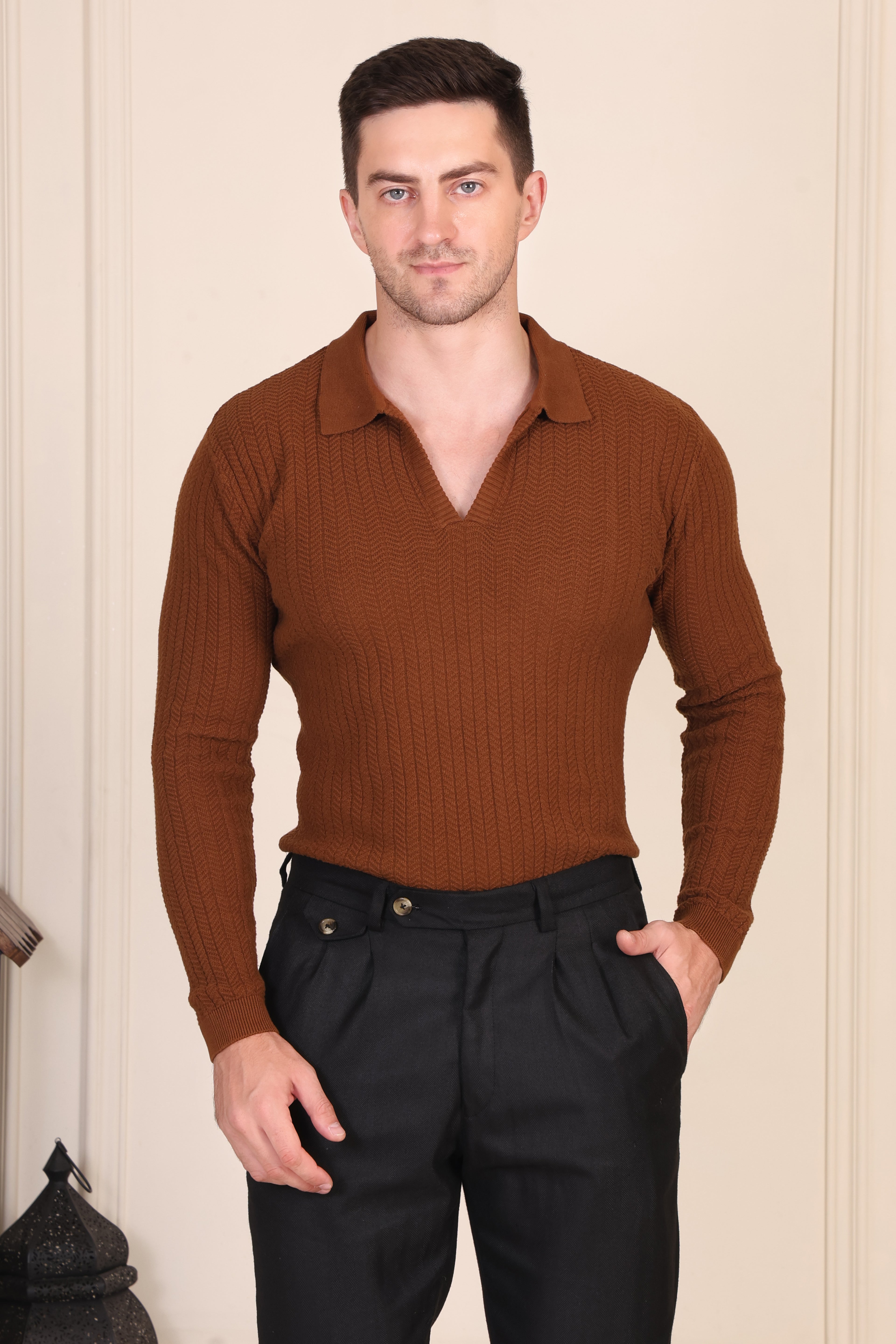 Herringbone Brown Full Sleeves Knit Polo by ITALIAN VEGA®