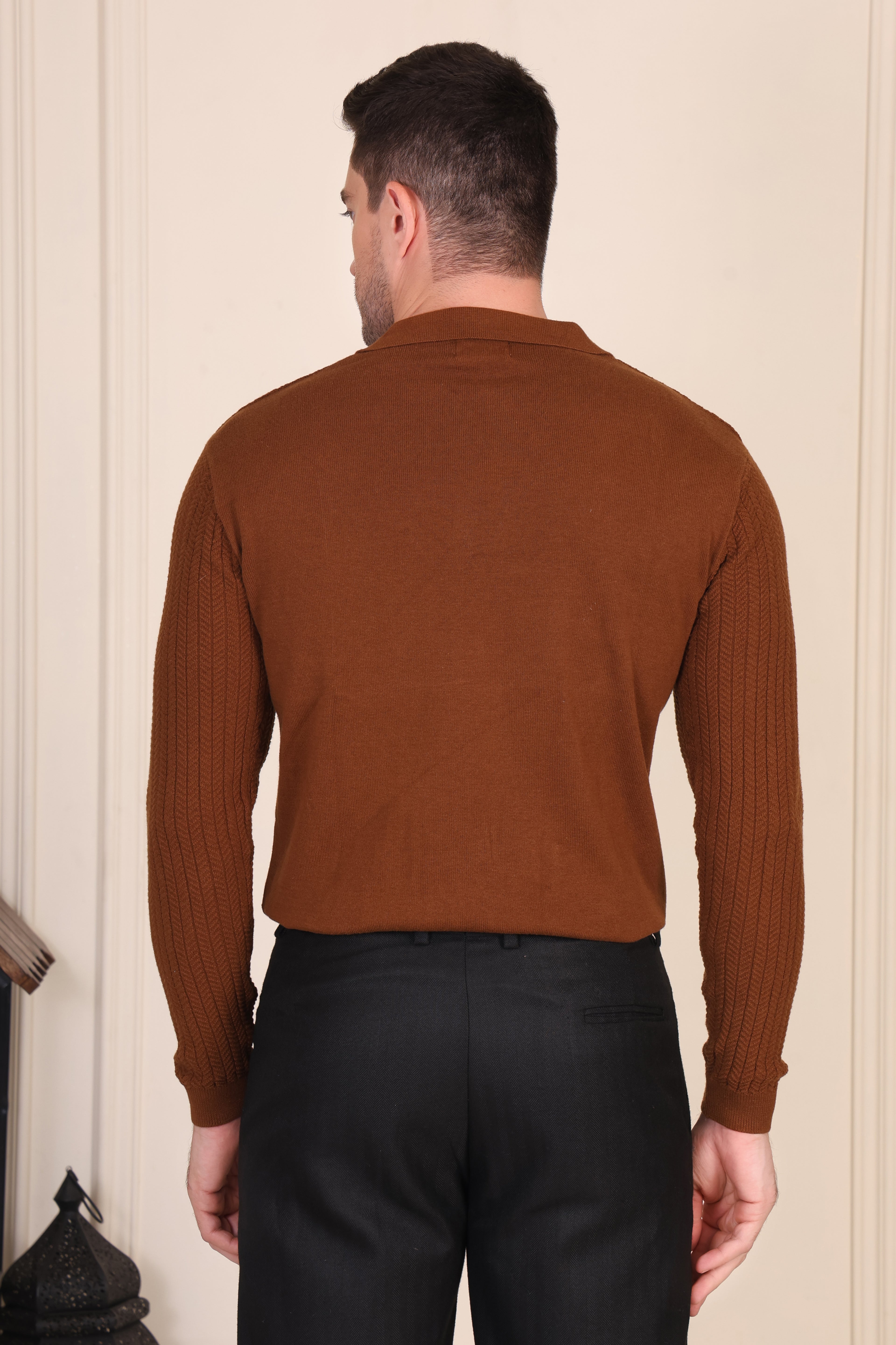 Herringbone Brown Full Sleeves Knit Polo by ITALIAN VEGA®