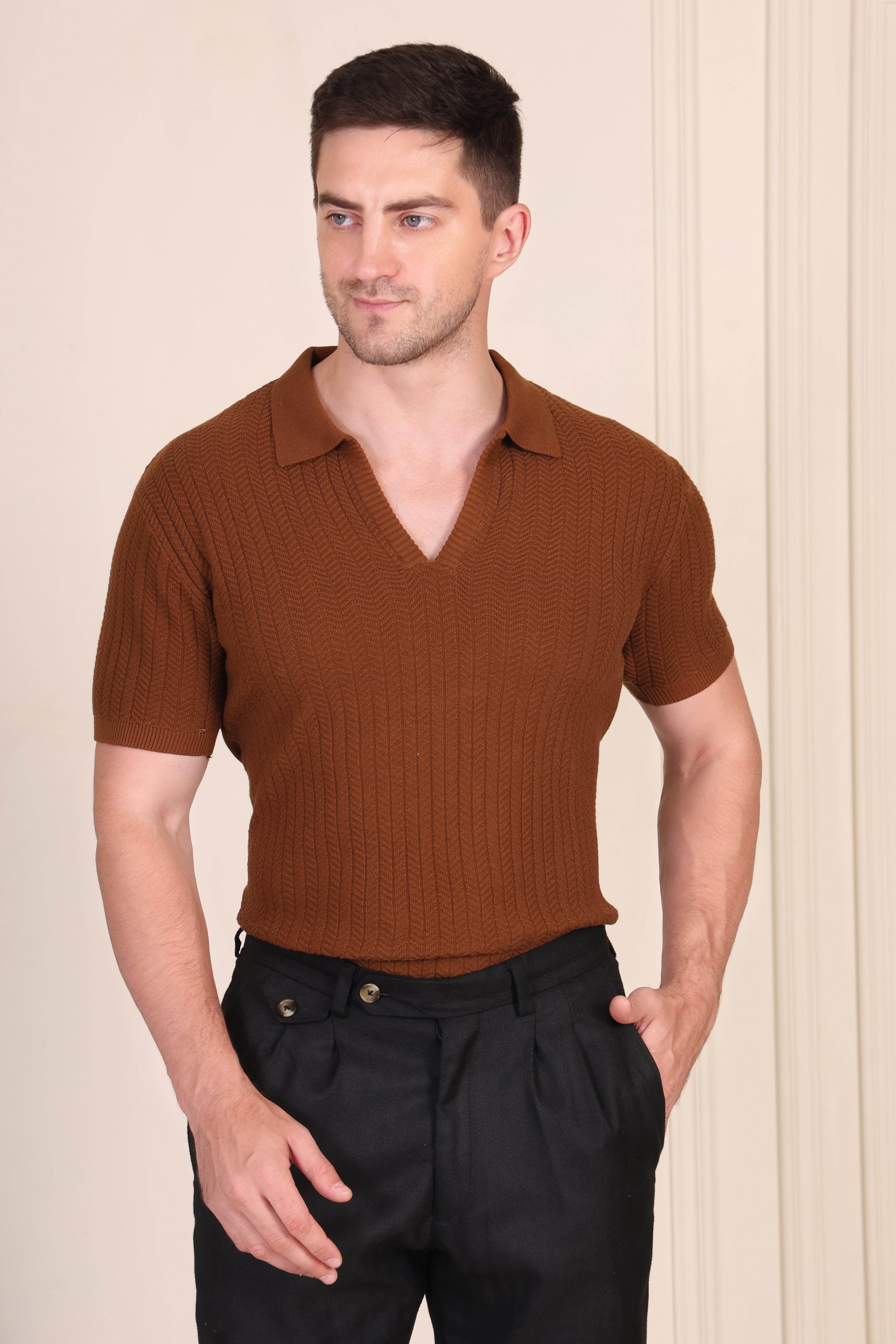 Herringbone Brown Knit Polo by ITALIAN VEGA®
