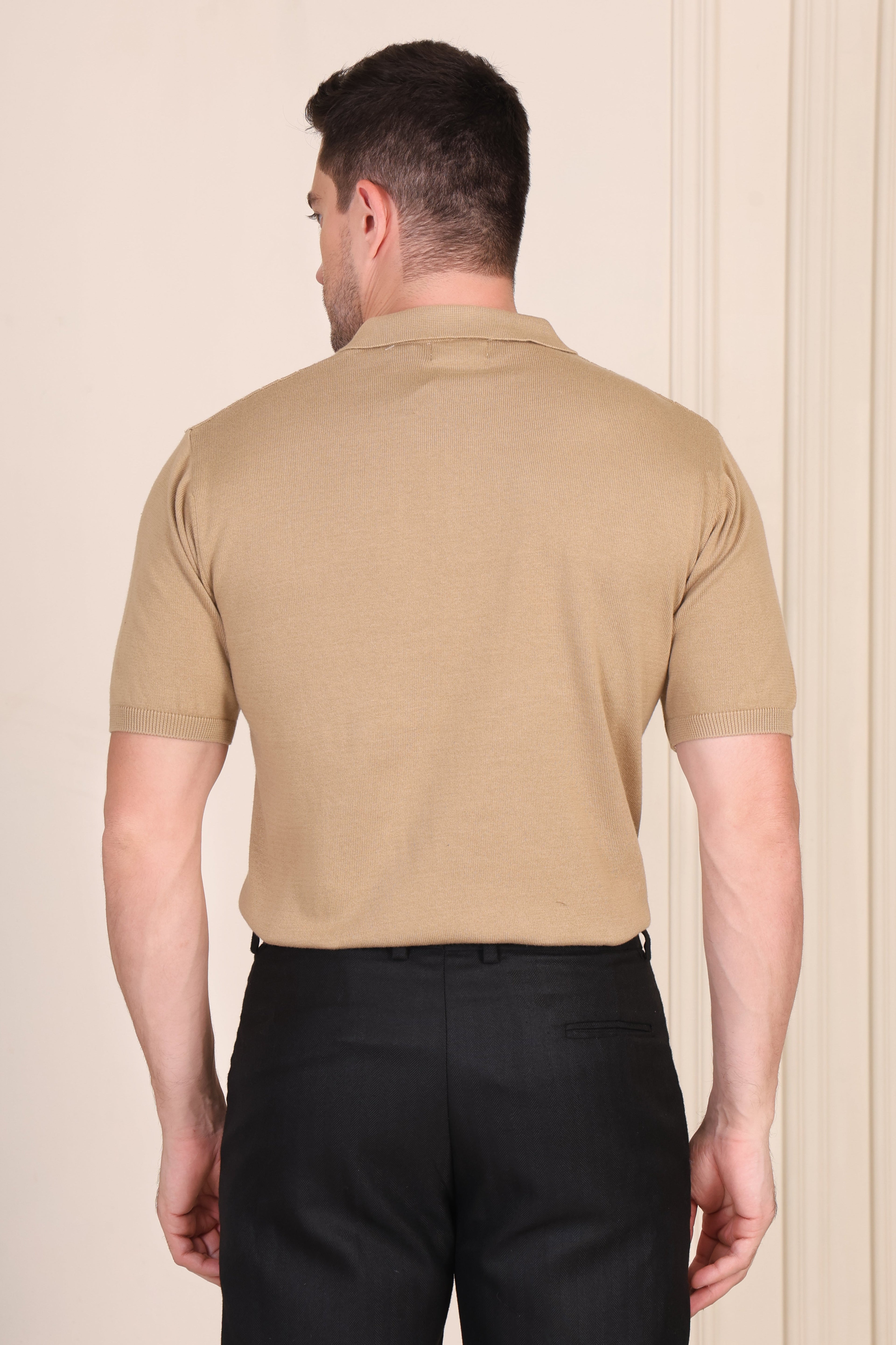 Beige Wide Stripes Half Sleeves Knit Polo by ITALIAN VEGA