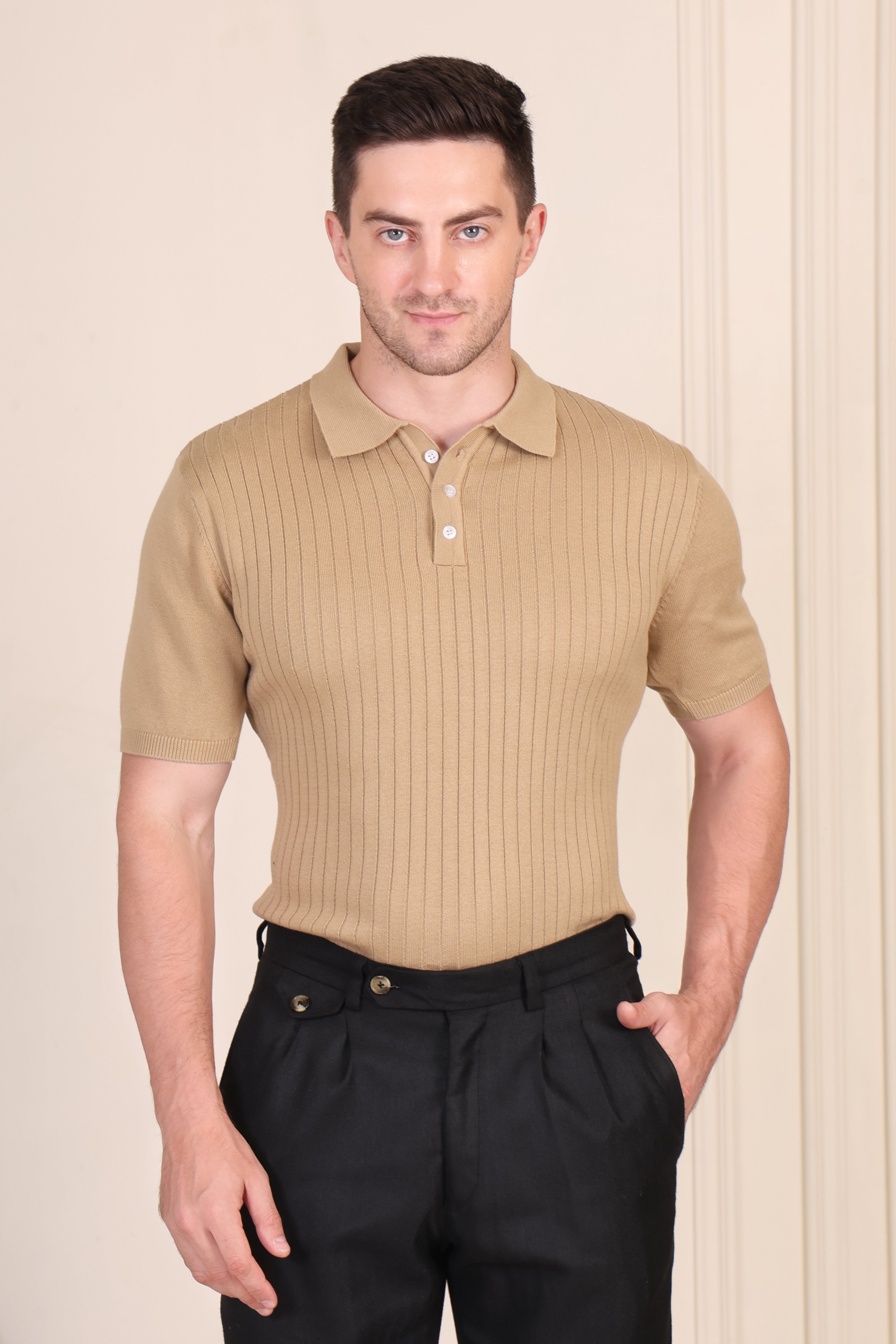 Beige Wide Stripes Half Sleeves Knit Polo by ITALIAN VEGA
