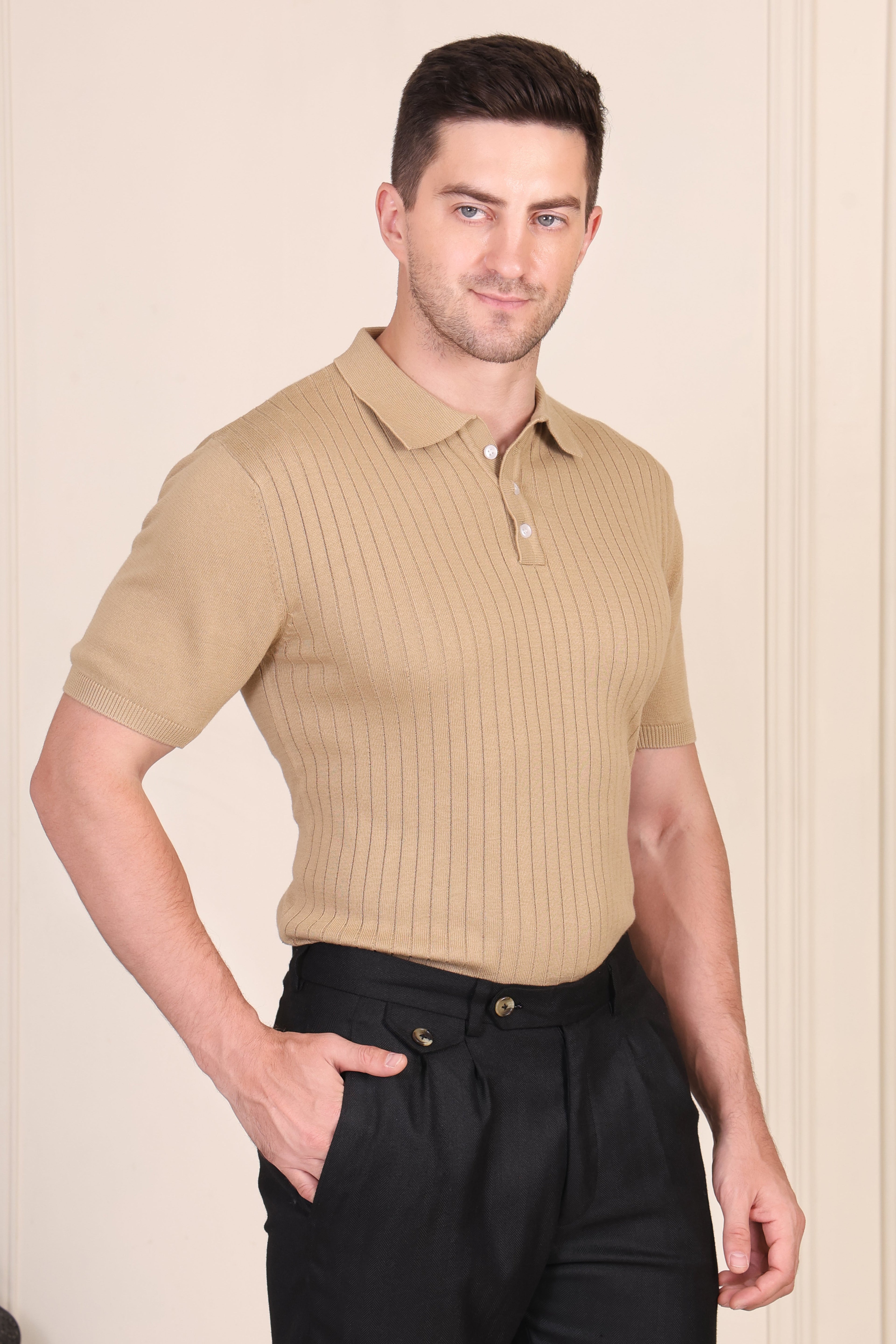Beige Wide Stripes Half Sleeves Knit Polo by ITALIAN VEGA