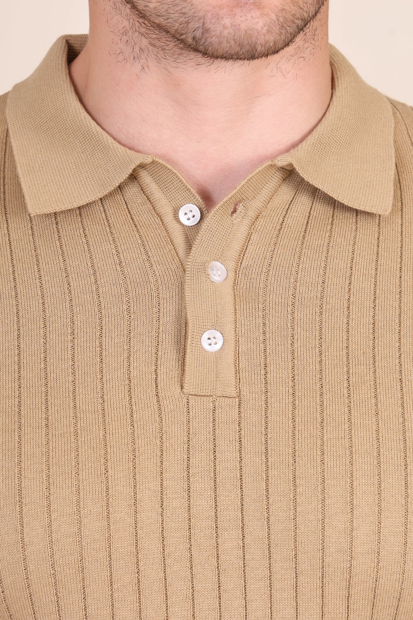 Beige Wide Stripes Half Sleeves Knit Polo by ITALIAN VEGA