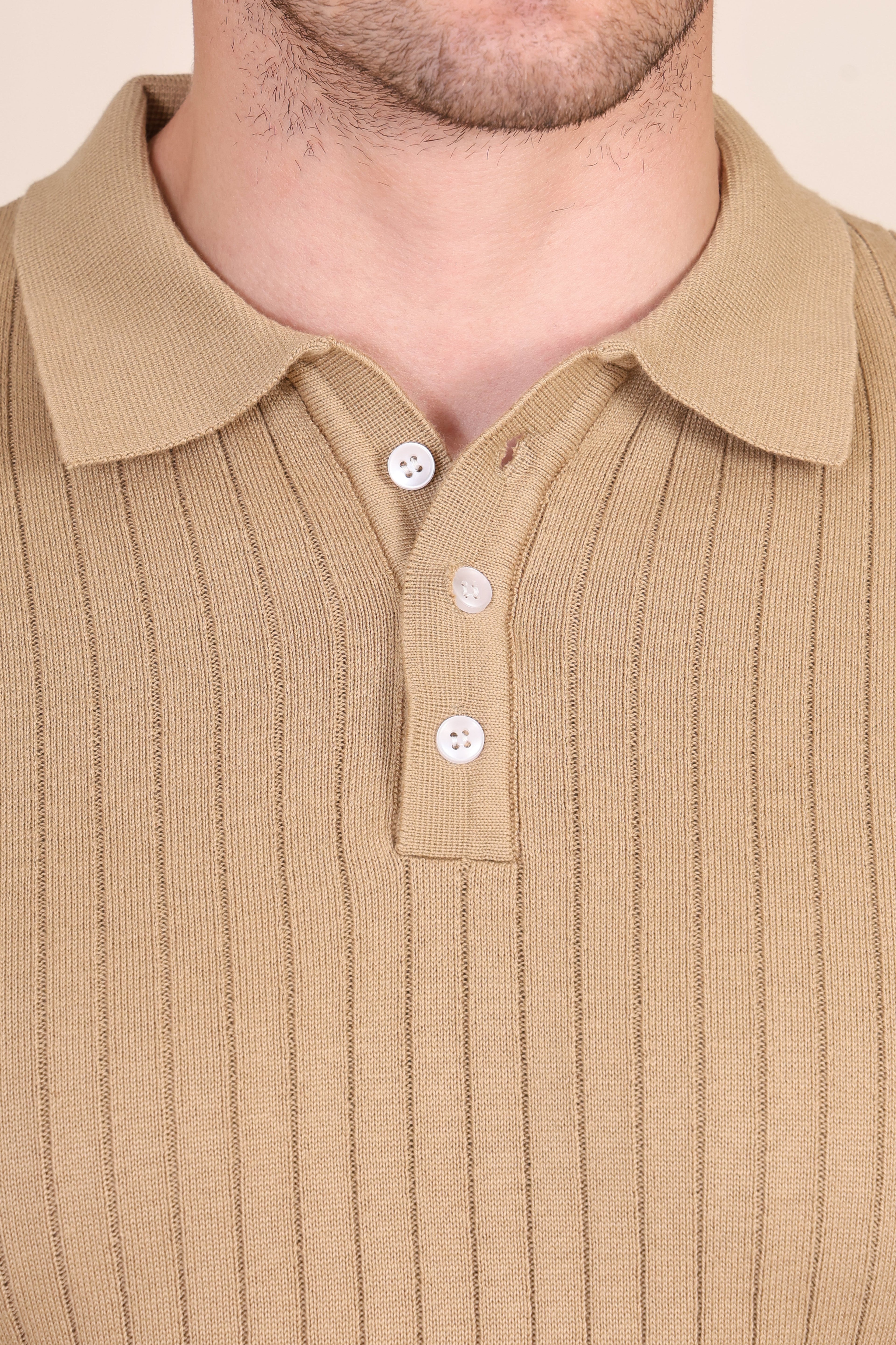 Beige Wide Stripes Half Sleeves Knit Polo by ITALIAN VEGA