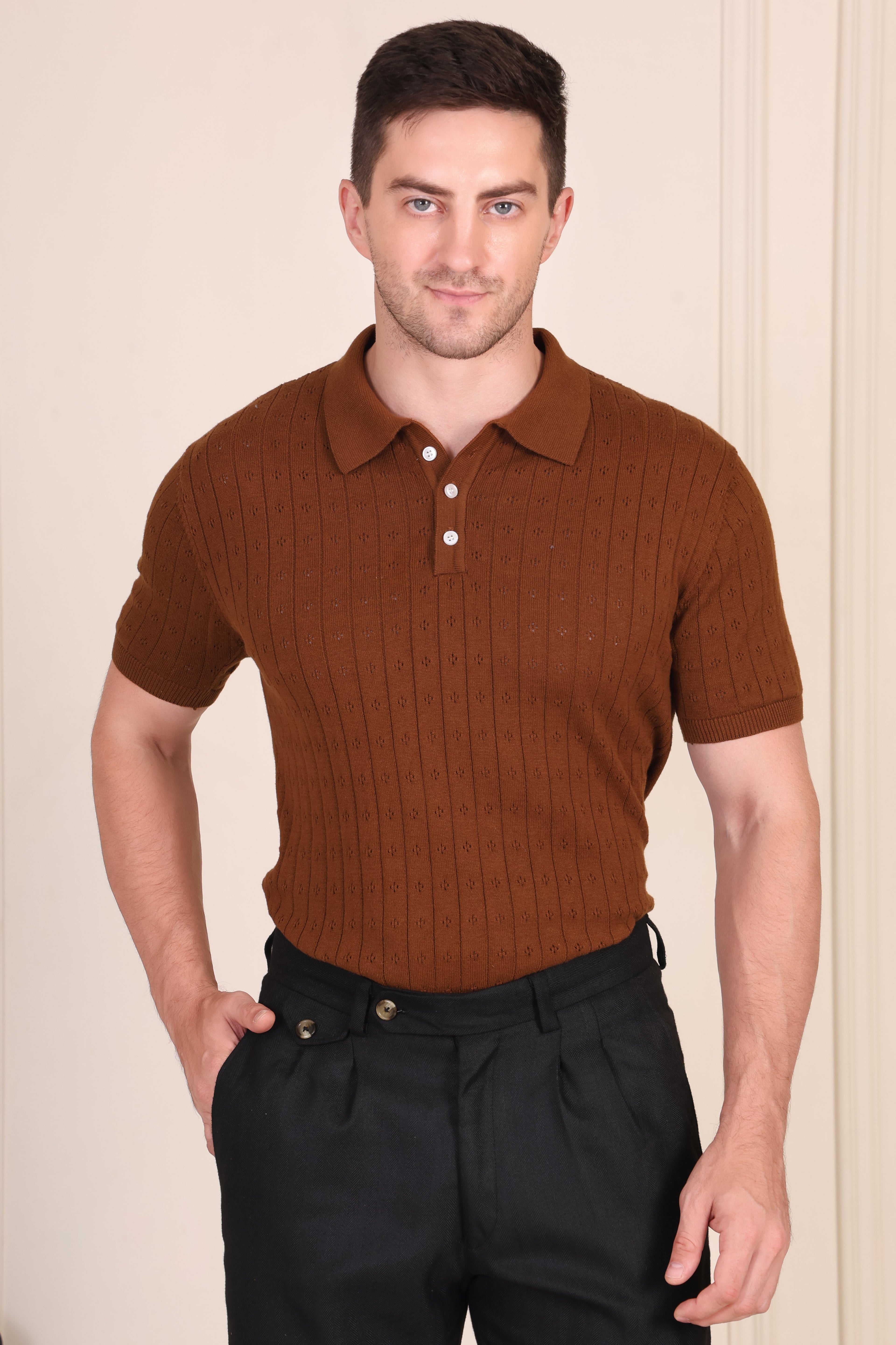 Brown Wide Stripes Half Sleeves Knit Polo by ITALIAN VEGA