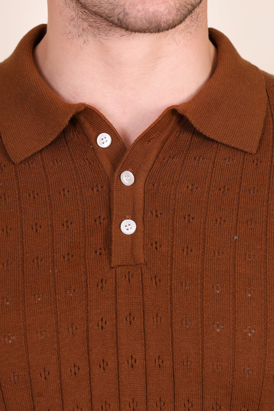 Brown Wide Stripes Half Sleeves Knit Polo by ITALIAN VEGA