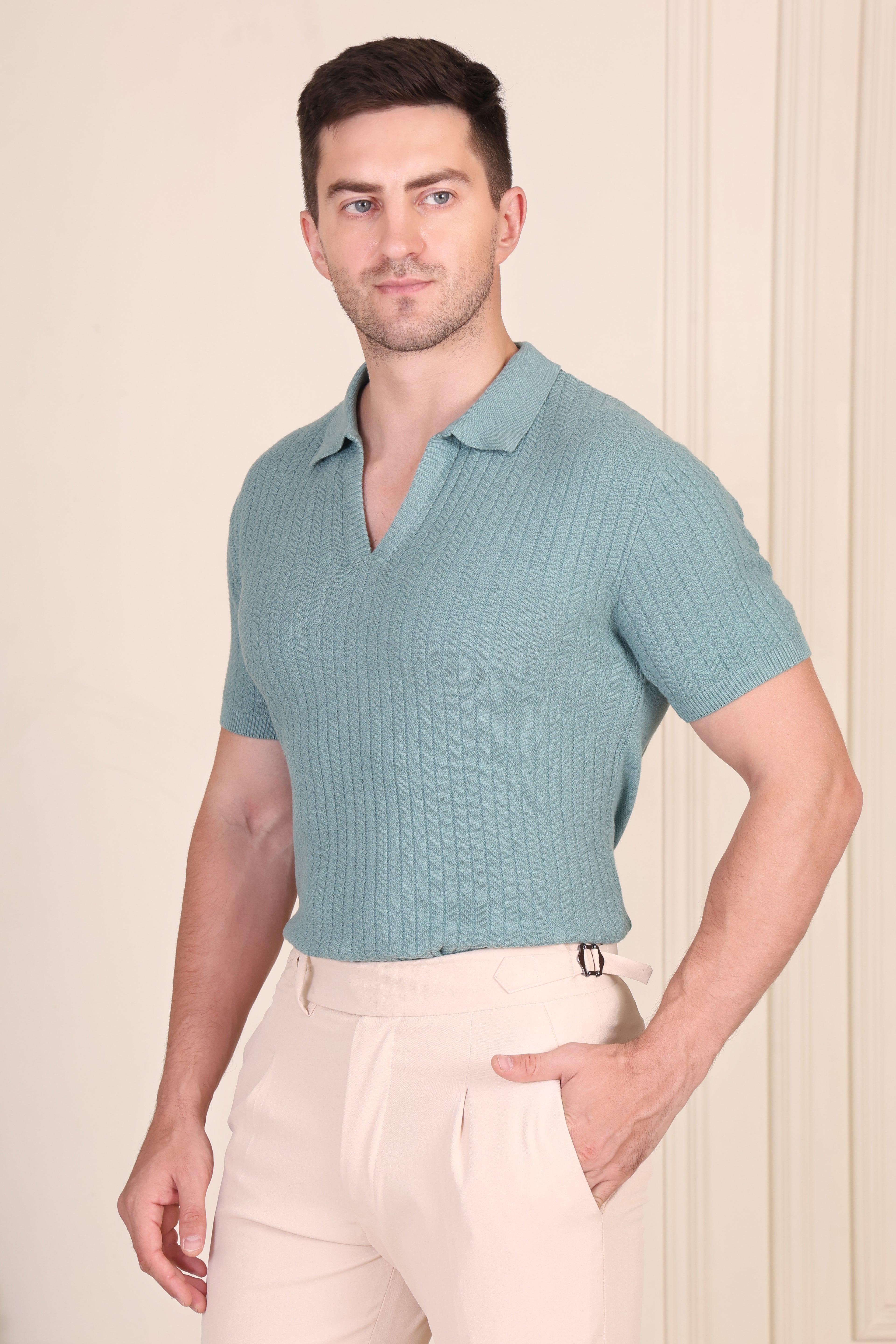 Herringbone Sage Green Knit Polo by ITALIAN VEGA®